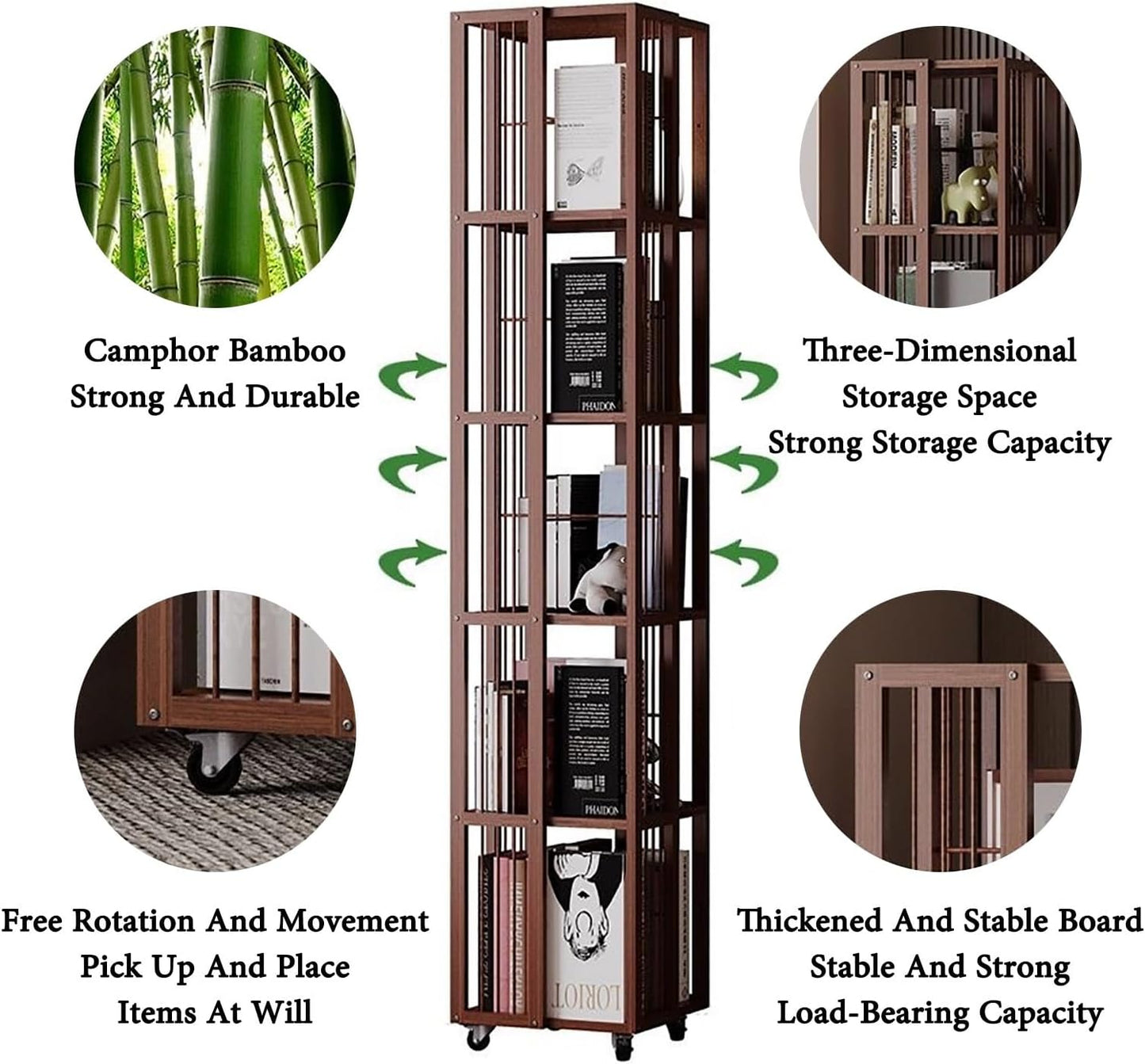 Bamboo Rotating Bookshelf With Wheels 360 Display MDF Spinning Bookshelf Tower 5 Tier Floor Standing Bookcase Storage Rack Revolving Bookcase Corner Bookshelf For Small Space Bedroom Study Room(Origin