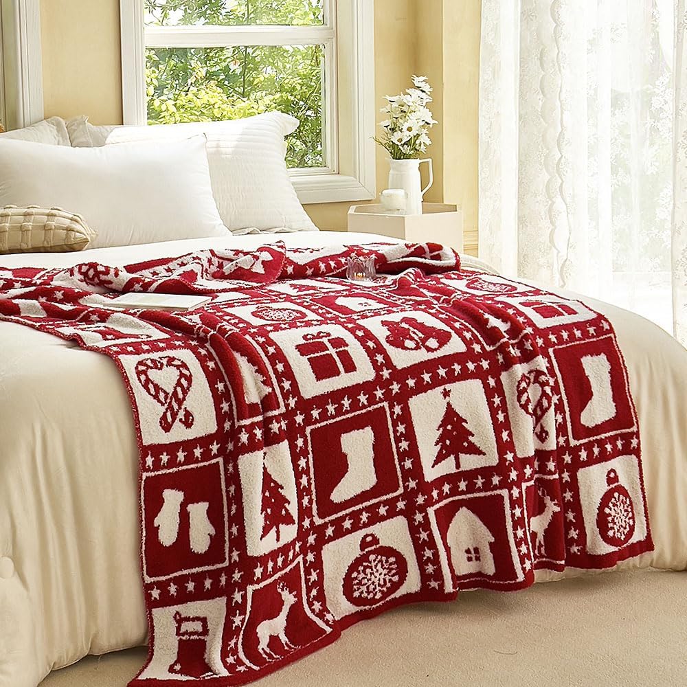 Ultra Soft Microfiber Star Snowflakes Christmas Tree Checkered Knitted Throw Blanket Warm Plush Fluffy Bed Blanket Xmas Decor Lightweight Camping Travel Blanket for Couch Sofa (Gift Red, 50"x60")