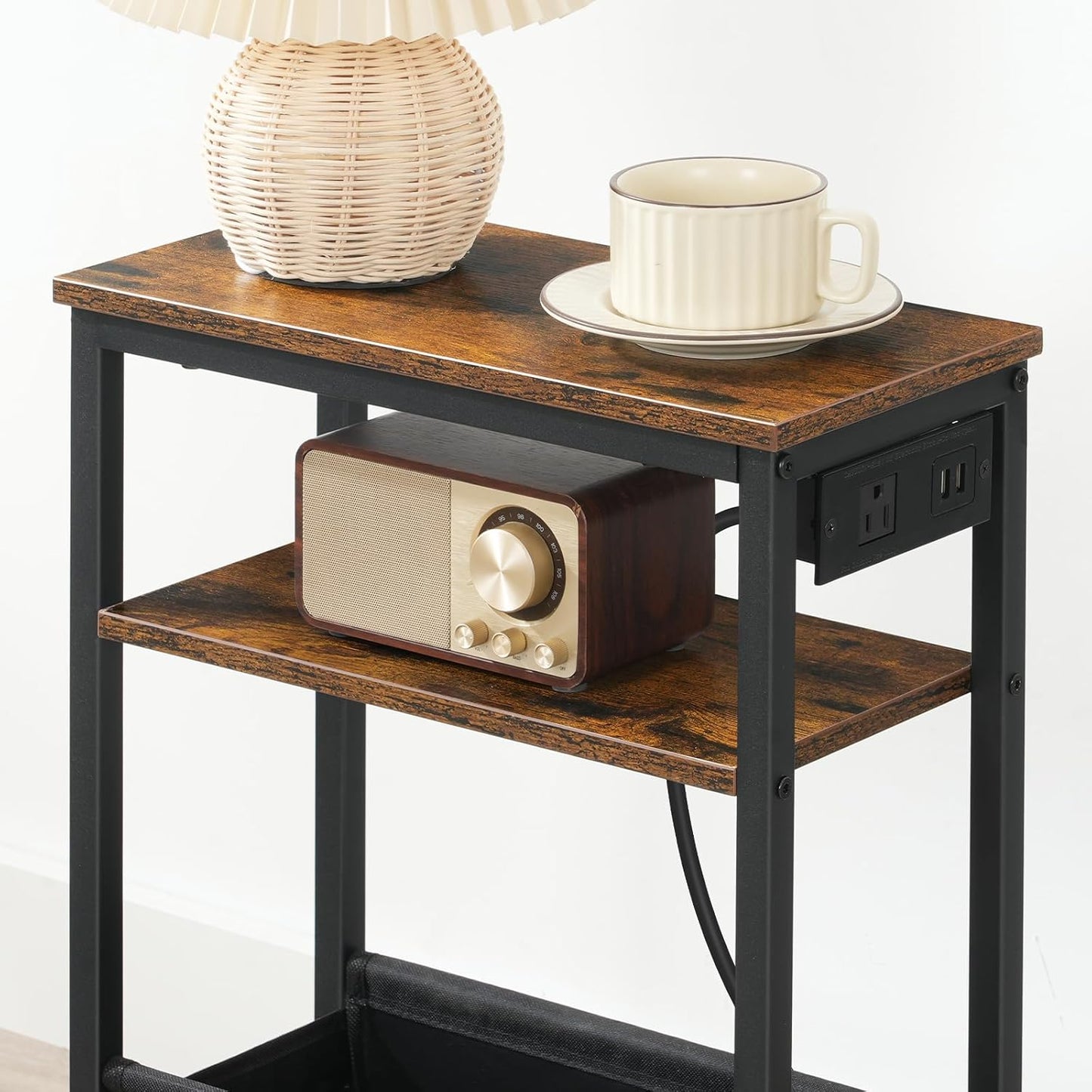 HOOBRO Small Narrow Side Table, Skinny End Table with Charging Station, Extra Slim Nightstand with Storage for Small Spaces, Thin End Table for Living Room, Rustic Brown and Black BF125UBZ01