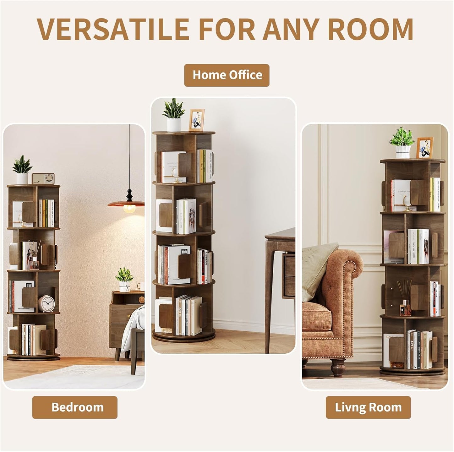 Uniclinens Wooden Rotating Bookshelf Tower 4-Tier, 360 Display Spinning Bookcase, Narrow Revolving Book Shelf Organizer for Kids&Adults, Round Bookshelves Floor Standing Storage Rack, Walnut