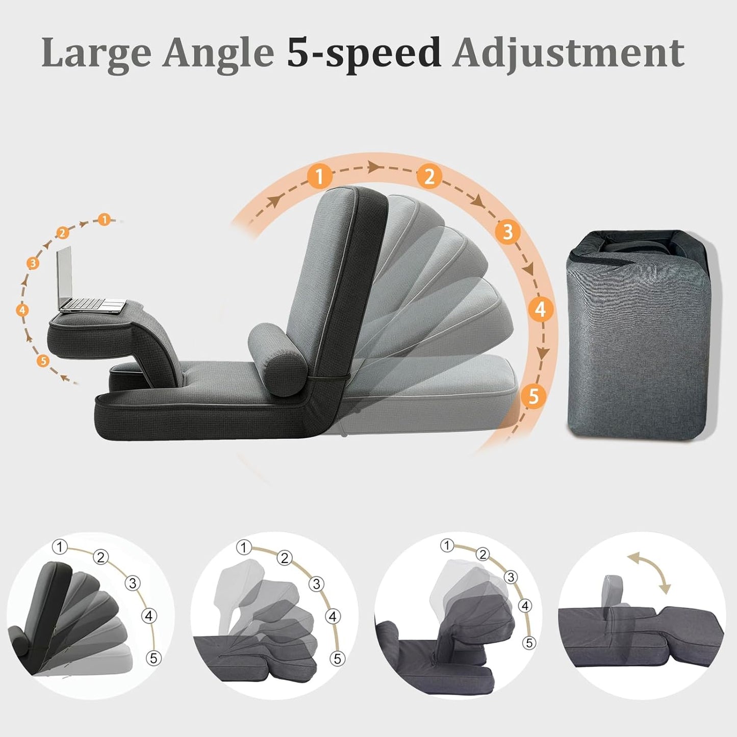 ZALL Grey Floor Folding Recliner Chair, Adjustable Back Support - Ergonomic Comfort for Game Room, Home Reading & Kitchen Leisure