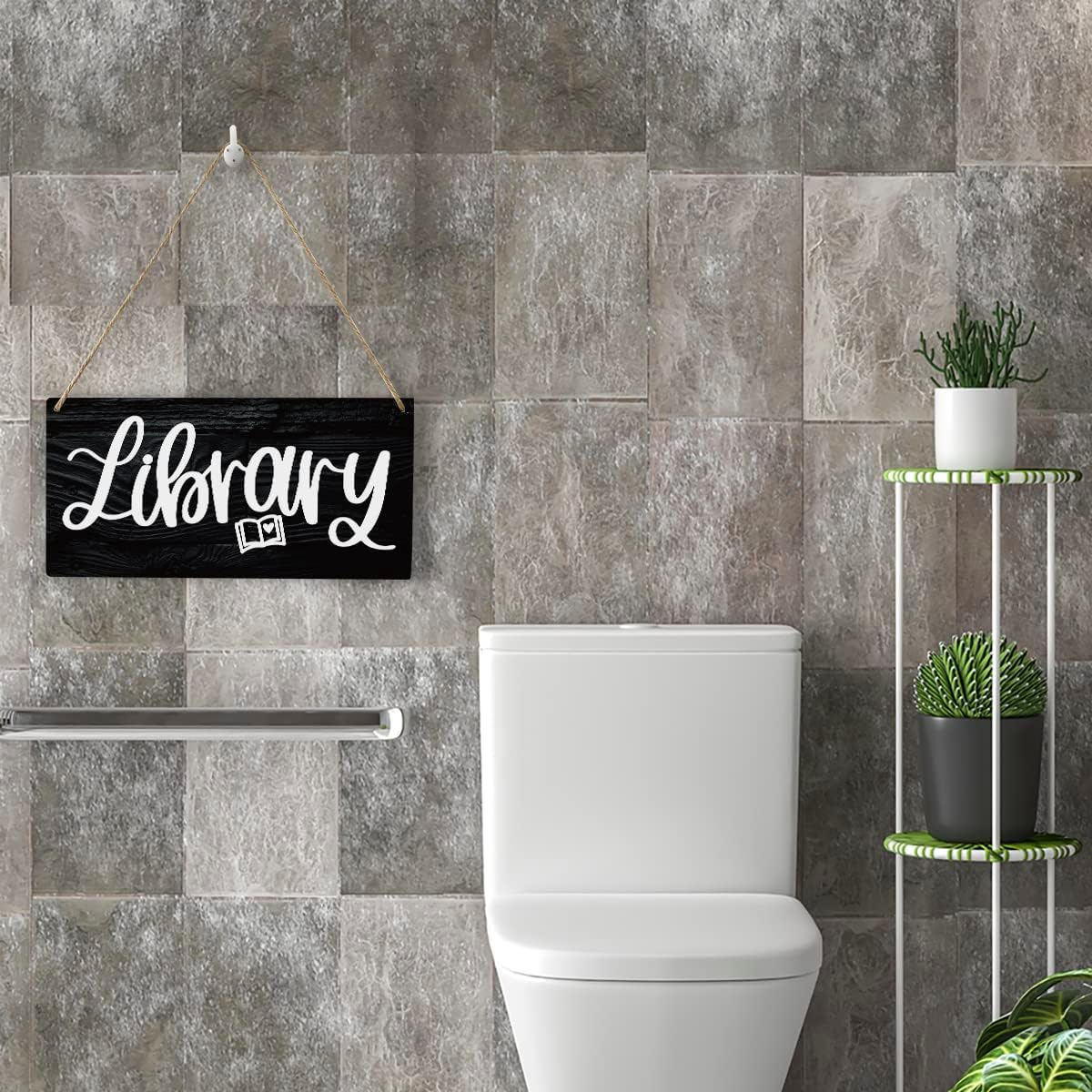 Retro Library Sign Wood Wall Art Home Farmhouse Hanging Decor Rustic Fun Black Book Lover Wooden Decorative Plaque for Office House Cafe Outdoor Indoor, 10x5 Inches