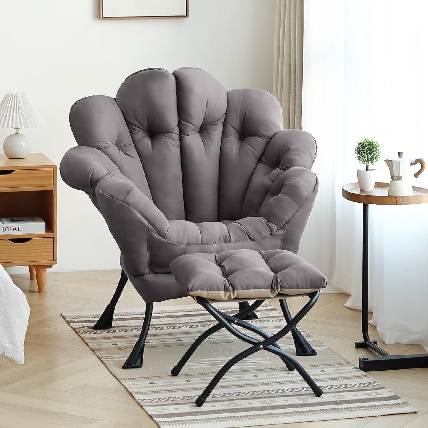 Lazy Chair with Ottoman, Modern Floral Reading Chair with Folding Footrest, Dark Grey Accent Chairs, Comfortable Oversized Armchairs for Bedroom, Living Room, Courtyard