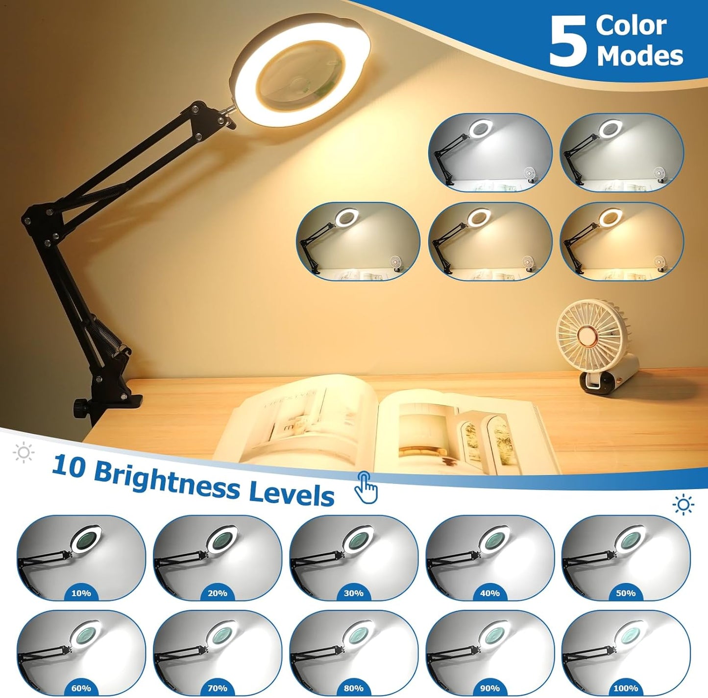 15X 30X Magnifying Glass with Light and Stand, LED Desk Lamp with Base and Clamp, 5 Color Mode, 10 Dimmable Levels, Hands-Free Magnifying Glasses for Close Work, Reading, Crafts, Jewelry