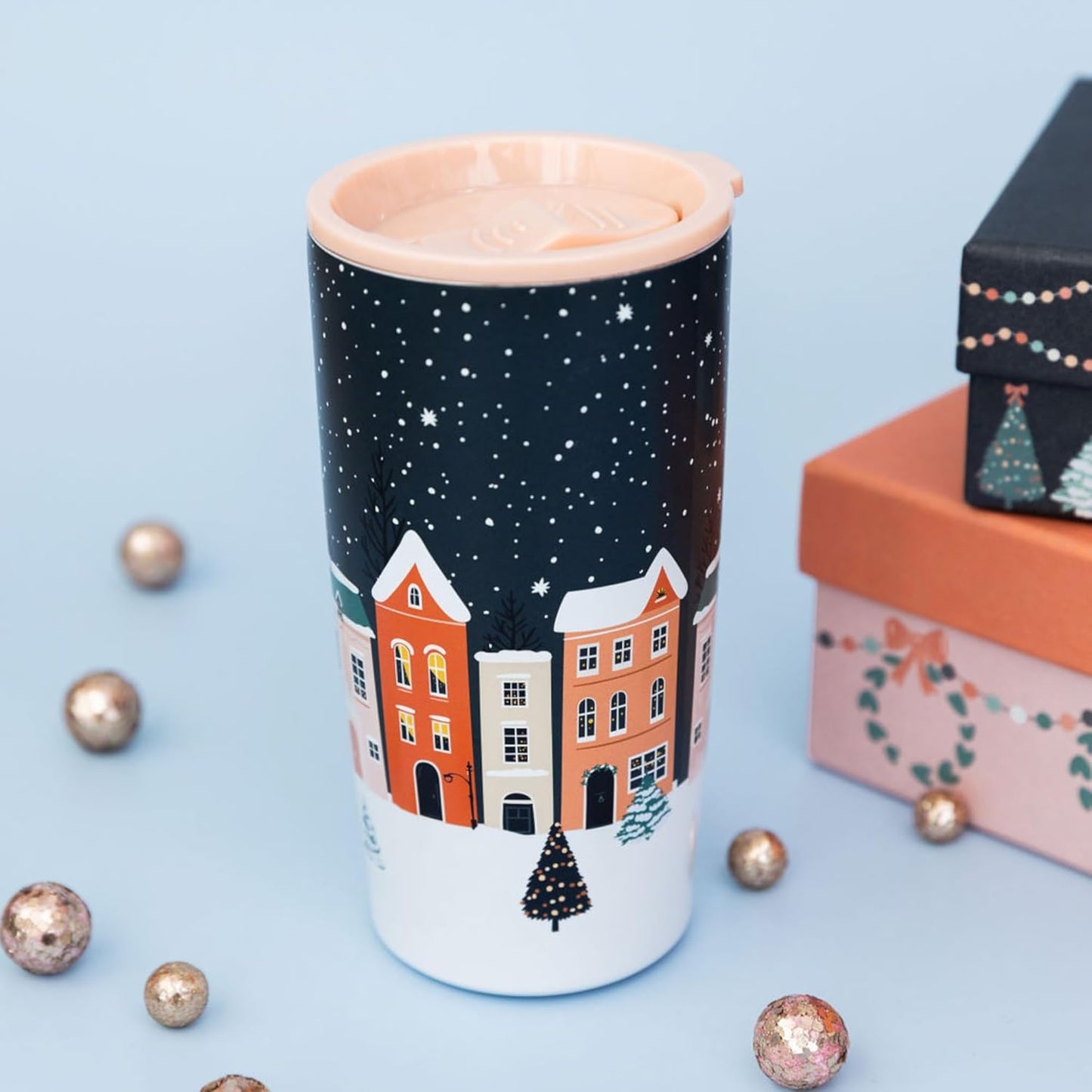 Steel Mill & Co Holiday Village Stainless Steel Tumbler, Festive Coffee/Tea Cup with Charming Christmas Design, Holiday Village