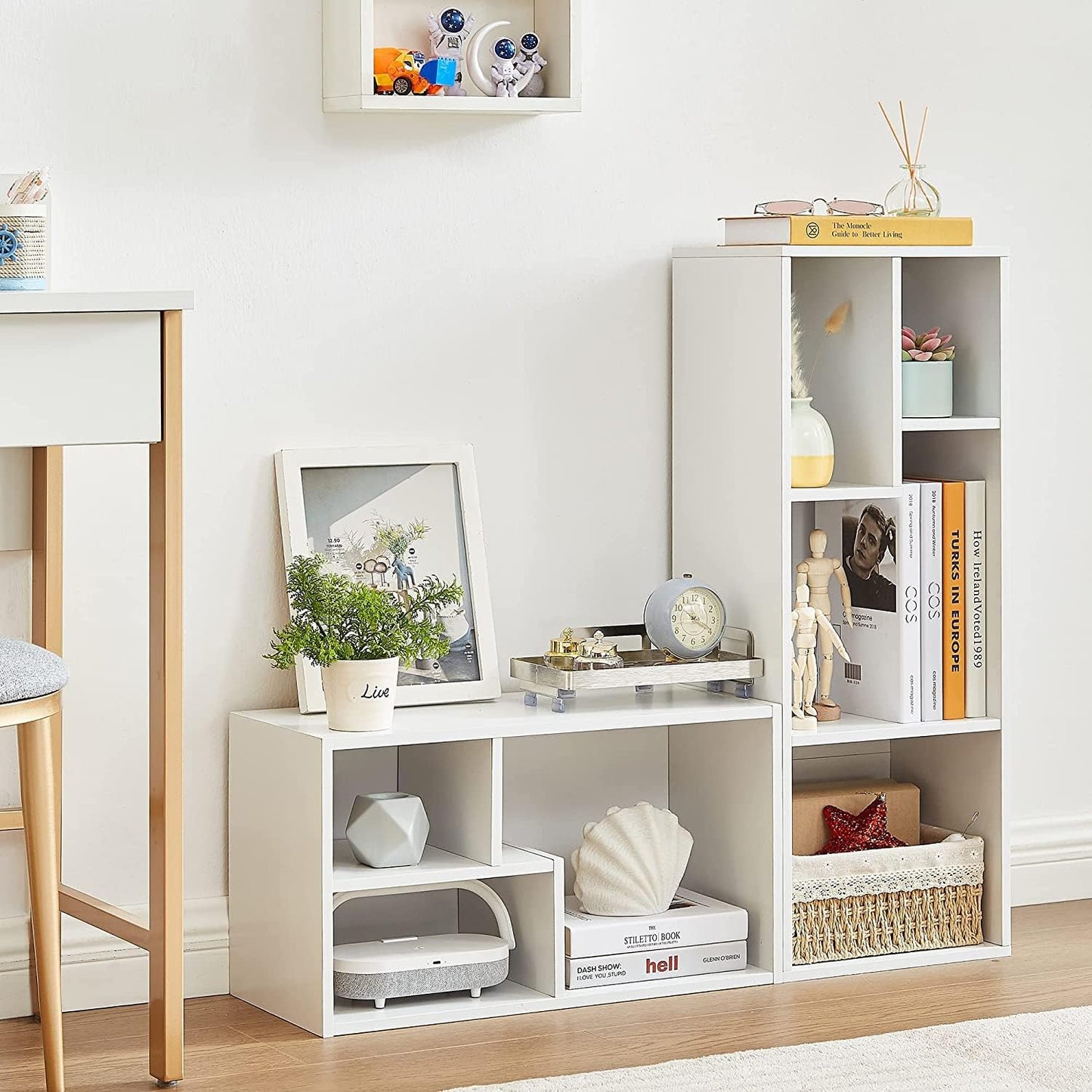 VECELO Narrow Bookshelf Set, Fits 9.3" × 10-12.8" Hardcovers, Cube Storage Bookcases, Free-Standing for Living Room, Bedroom, Home Office, 2/3-Tier, 2-Pack, White