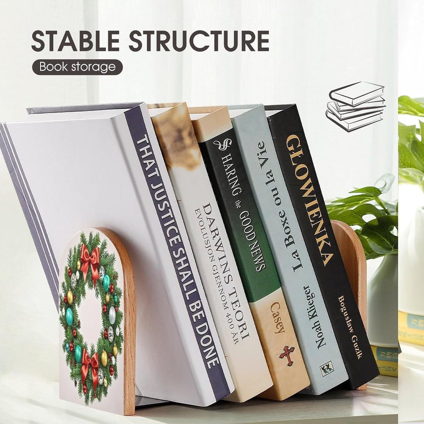 Christmas Wreath of Evergreen Branches Bookends 1 Pair Heavy Duty Book Ends for Shelves Non-Skid Bookend Supports Wooden Book Holders with Metal Base Desk Organizers Books Storage to Hold Books