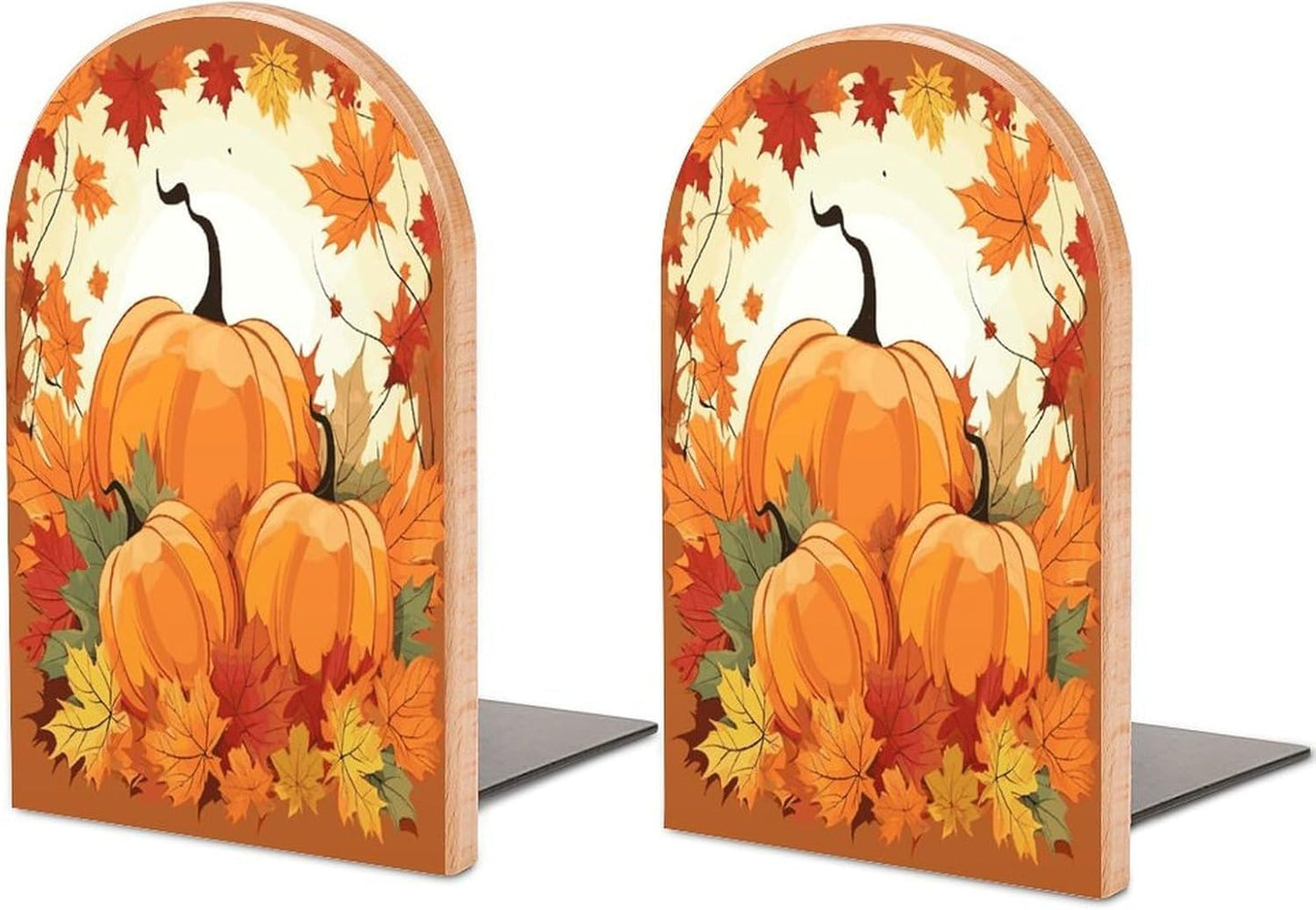 Autumn Pumpkin Maple Leaves Bookends 1 Pair Heavy Duty Book Ends for Shelves Non-Skid Bookend Supports Wooden Book Holders with Metal Base Desk Organizers Books Storage to Hold Books