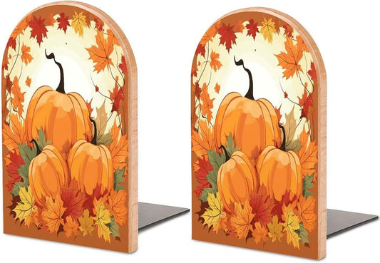Autumn Pumpkin Maple Leaves Bookends 1 Pair Heavy Duty Book Ends for Shelves Non-Skid Bookend Supports Wooden Book Holders with Metal Base Desk Organizers Books Storage to Hold Books