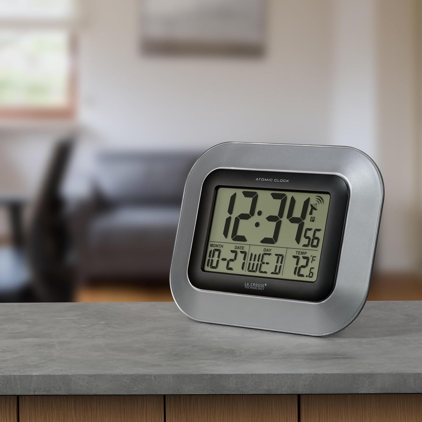 La Crosse Technology WT-8005U-S Atomic Digital Wall Clock with Indoor Temperature, Silver