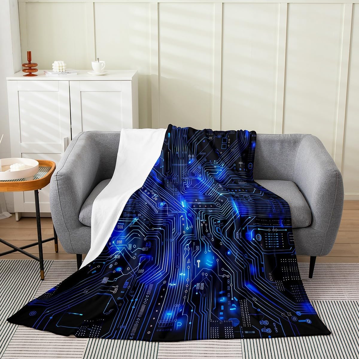 Erosebridal Circuit Board Fleece Blanket Twin 60x80,3D Print Chips Blanket,Abstract Art Design Throw Blanket Blue Black Fuzzy Blanket for Kids Boys Teens