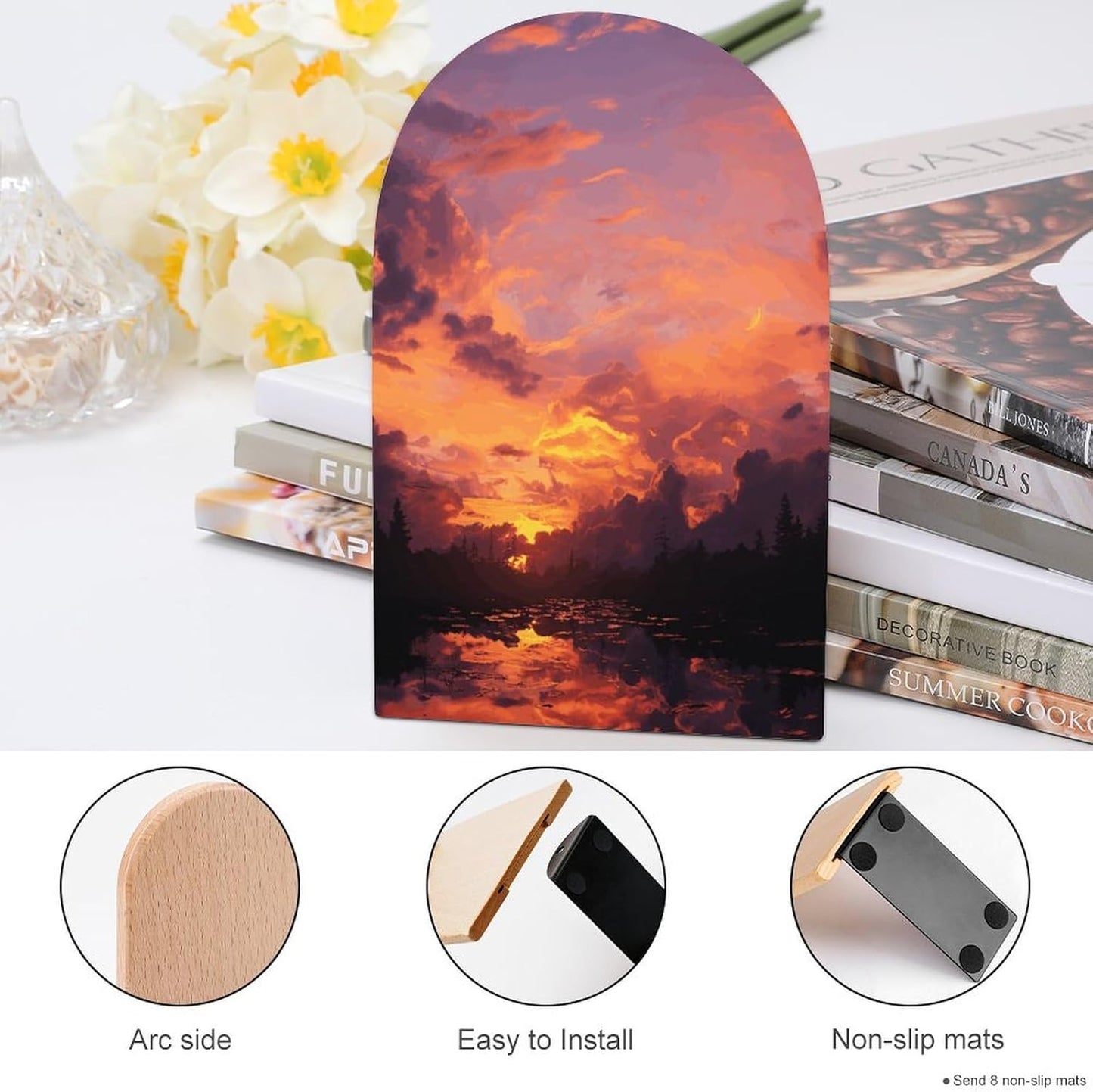 Sunset at Dusk Bookend for Shelves Wooden Book End Large Size Sturdy Book Holders Stoppers with Metal Base for Bookshelves Slick Decorative Bookends Stands