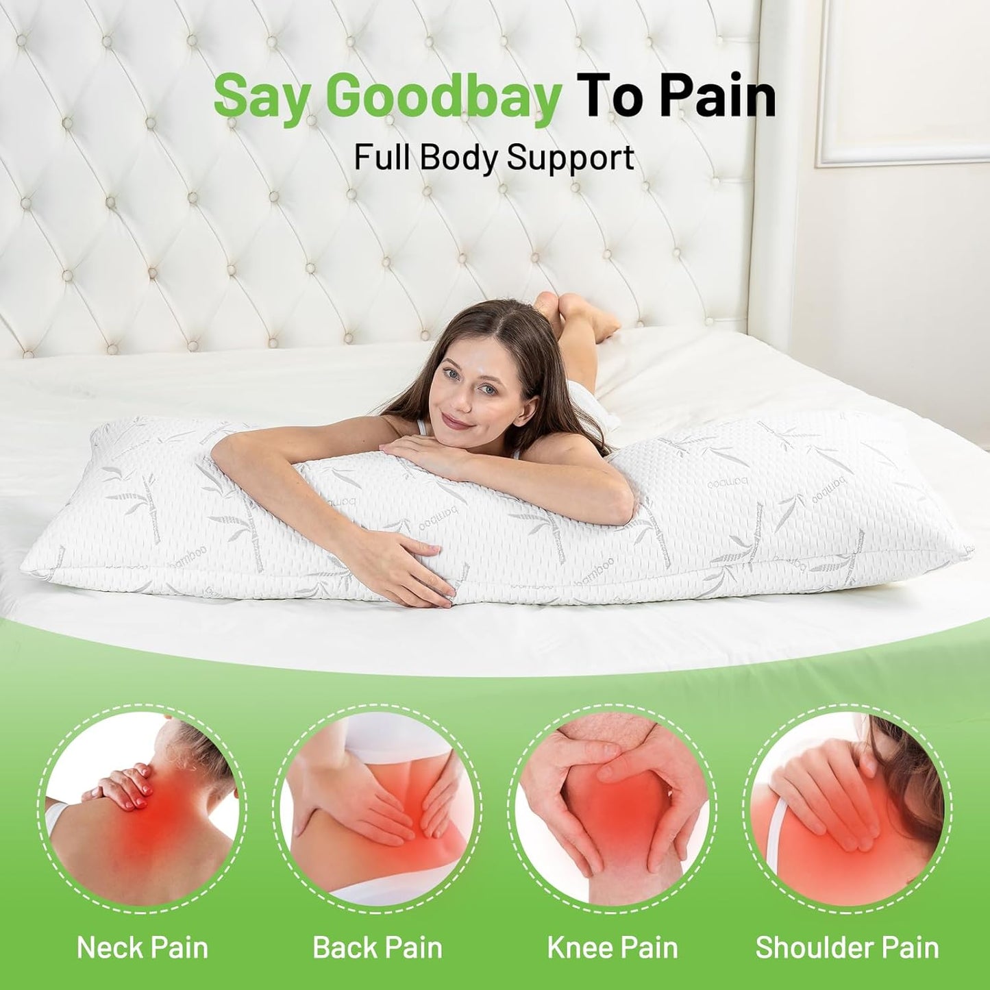 Full Body Pillow with Removable Pillowcase for Adults,（Memory Foam Filling）（Long Pillow for Side Sleepers） （Fluffy and Firm）（Adjustable Filling）（20×54 Inch，White）
