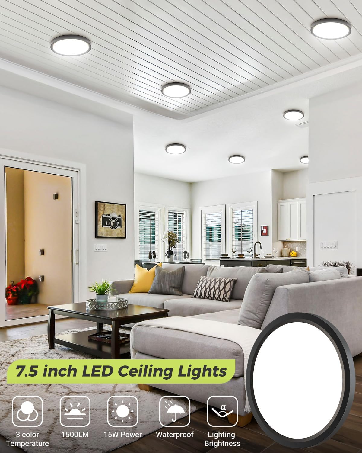 6PACK LED Flush Mount Ceiling Light, 3CCT Selectable 3000K-4000K-6500K & 100W Equivalent Disc Closet Ceiling Light Fixture 7Inch 15W 1500Lm for Bathroom Hallway Bedroom Kitchen Basement(NOT-Dimmable)