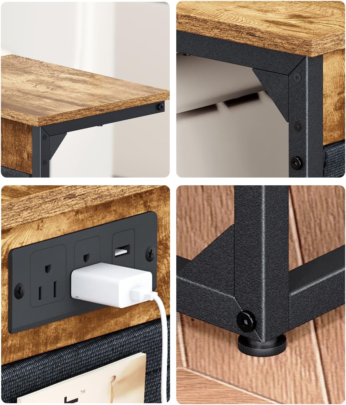 C-Shaped End Tables Set of 2, Small Couch SideTable with Fast-Charging Station, Sofa TV Tray Table with Storage Bag for Living Room, Bedroom, Bedside ET-BR-W2