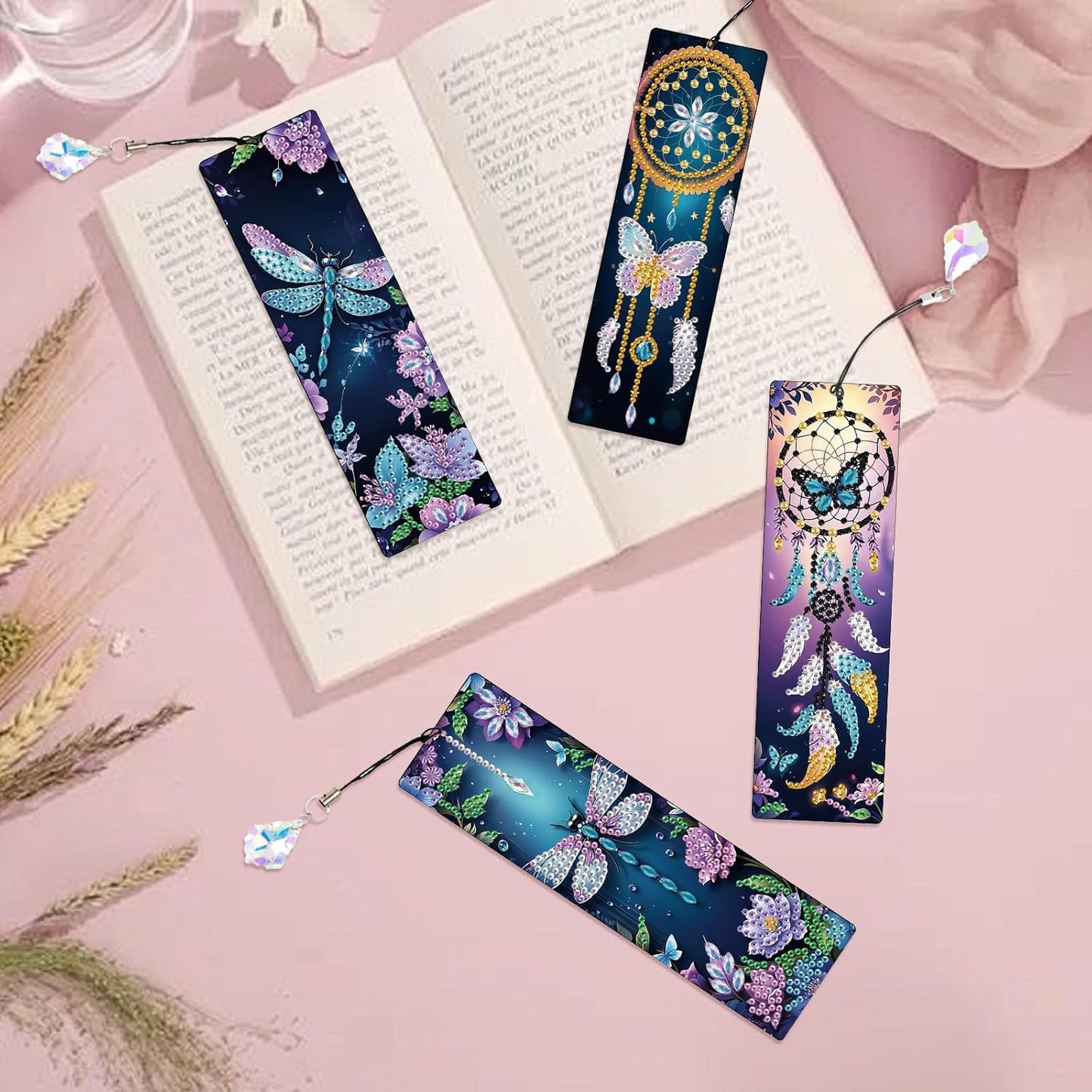 4 Pack Diamond Painting Bookmarks, 5D Dreamcatcher Butterfly Dragonfly Diamond Art Bookmark Kit with Tassels, DIY Beaded Rhinestone Book Mark Craft for Adults Beginners Reading Gift