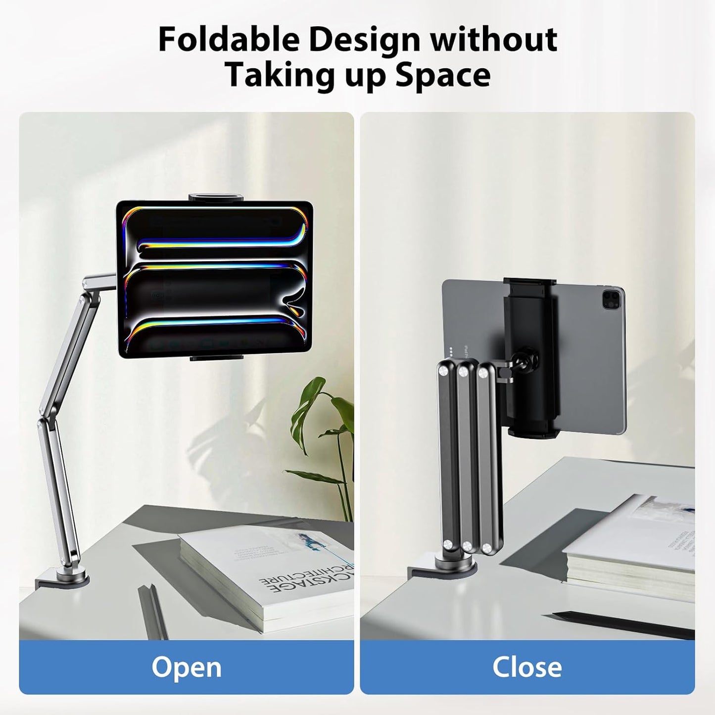 KU XIU Tablet Stand for Desk, Aluminum Alloy Foldable Tablet Arm Mount Holder Compatible with iPad 10/9th, iPad 13/12.9/11" M3 M4 M5 Pro Air, For Samsung Galaxy Tab & More 7-15.6" Tab Portable Monitor