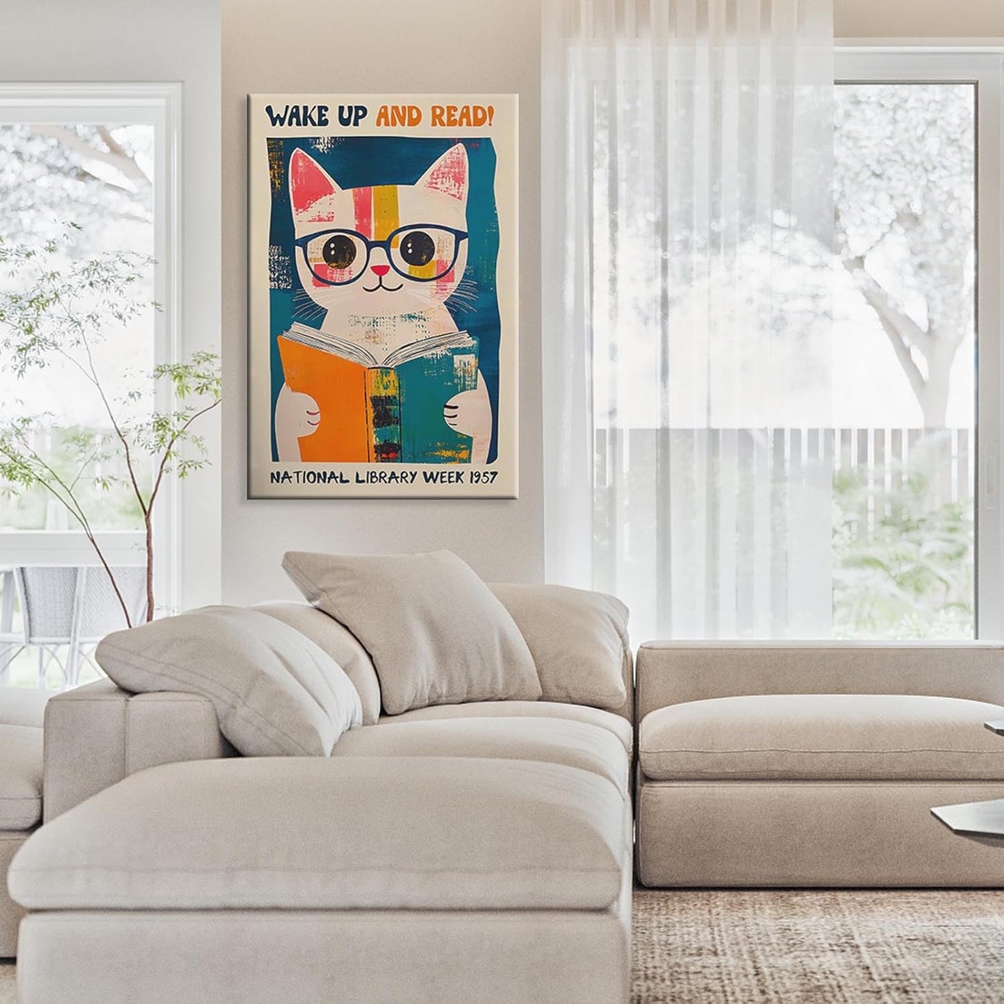 Cute Cat With Glasses Reading Canvas Wall Art 1957 National Library Week Posters Vintage Funny Animal Aesthetic Prints Painting For Home Bedroom Dorm Apartment Wall Decor 12x16in Unframed