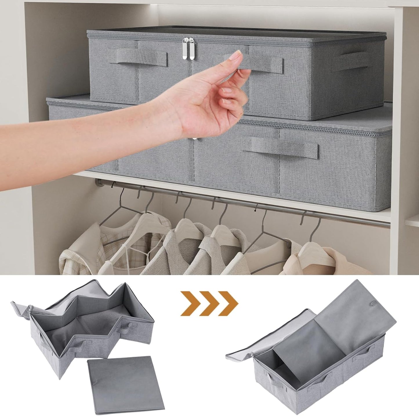 Underbed Storage Box, Foldable Bed Sheet Organizer, Cube Bags Container with Lid for Organizing Clothes, Blankets, Comforter, 23.6x11.8x5.9in, Grey, 2 Pack