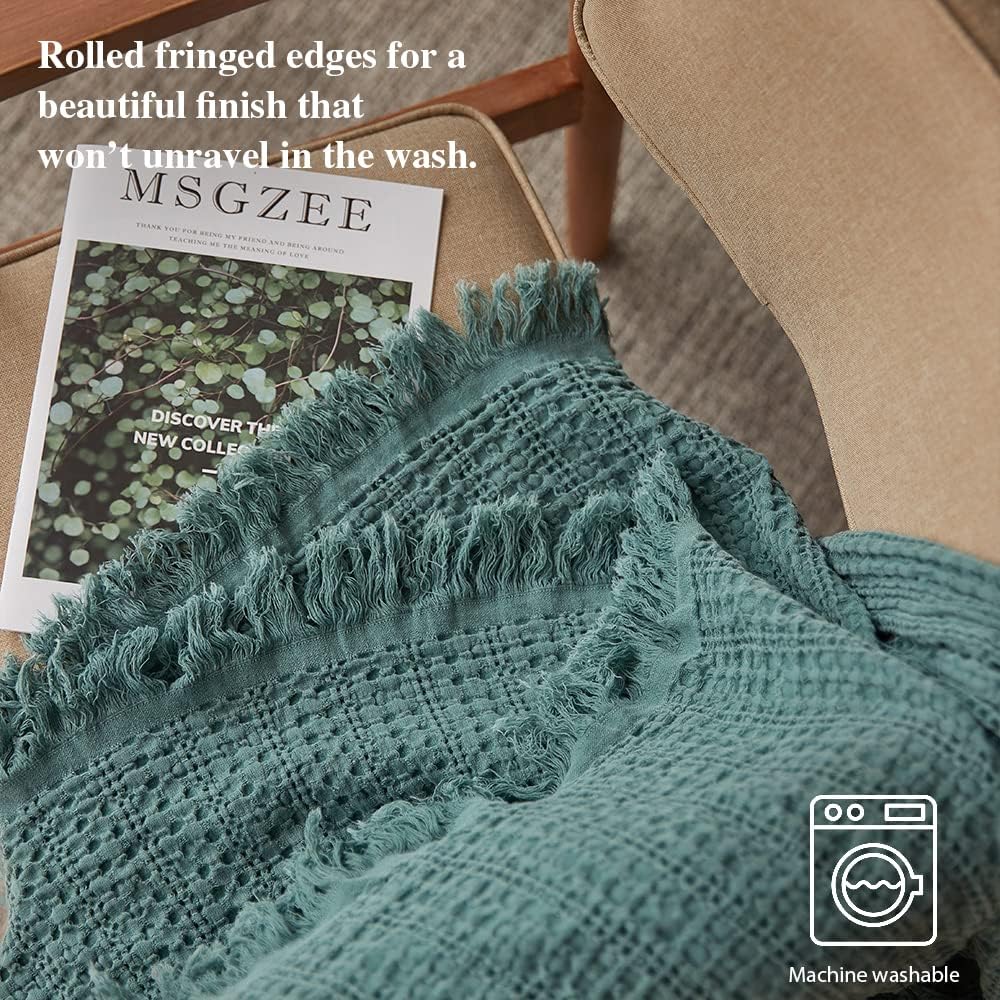 Simple&Opulence 100% Cotton Throw Blanket for Couch, Bed, Waffle Weave Cable Knit Blanket with Tassels, Soft Lightweight Pre-Washed Breathable Cozy Blanket Farmhouse Decoration for All-Season (Green)