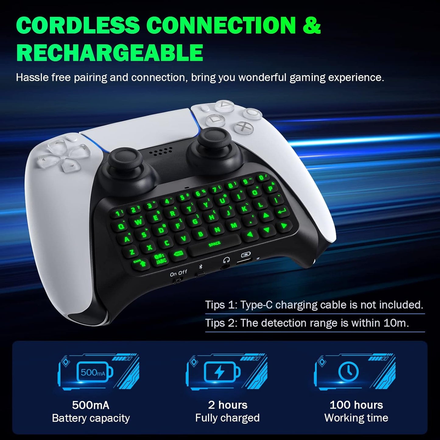 MoKo Keyboard for PS5 Controller with Green Backlight, Bluetooth Wireless Mini Keypad Chatpad for PlayStation 5, Built-in Speaker & 3.5mm Audio Jack for PS5 Controller Accessories