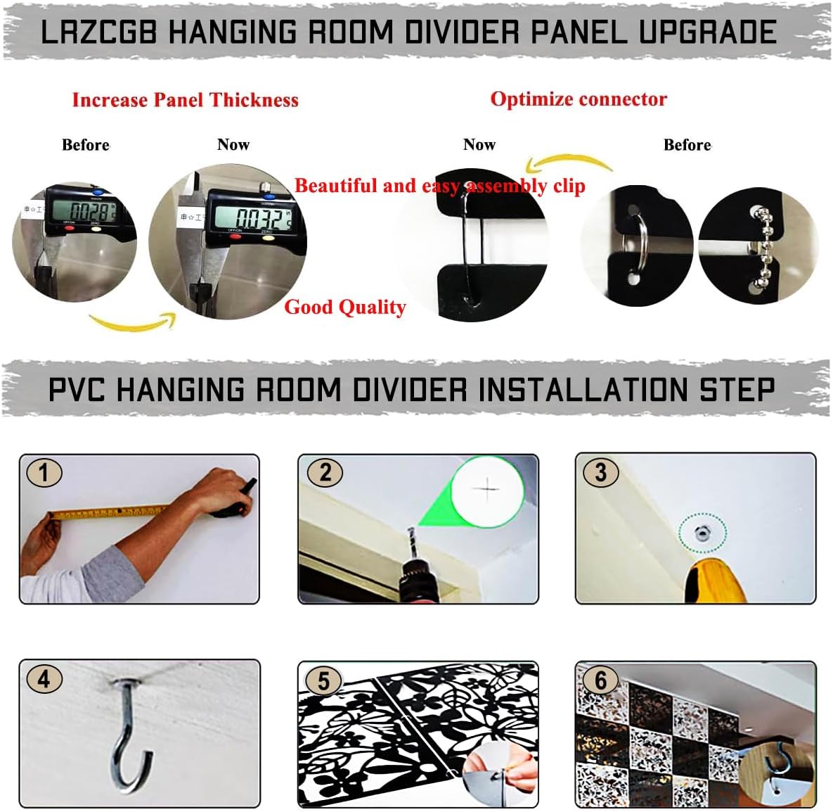 LRZCGB Hanging Room Divider,12pcs PVC Black Panel Screen Solid for Decorating Living, Dining, Study and Sitting-Room, Hotel(Black+Solid Board)