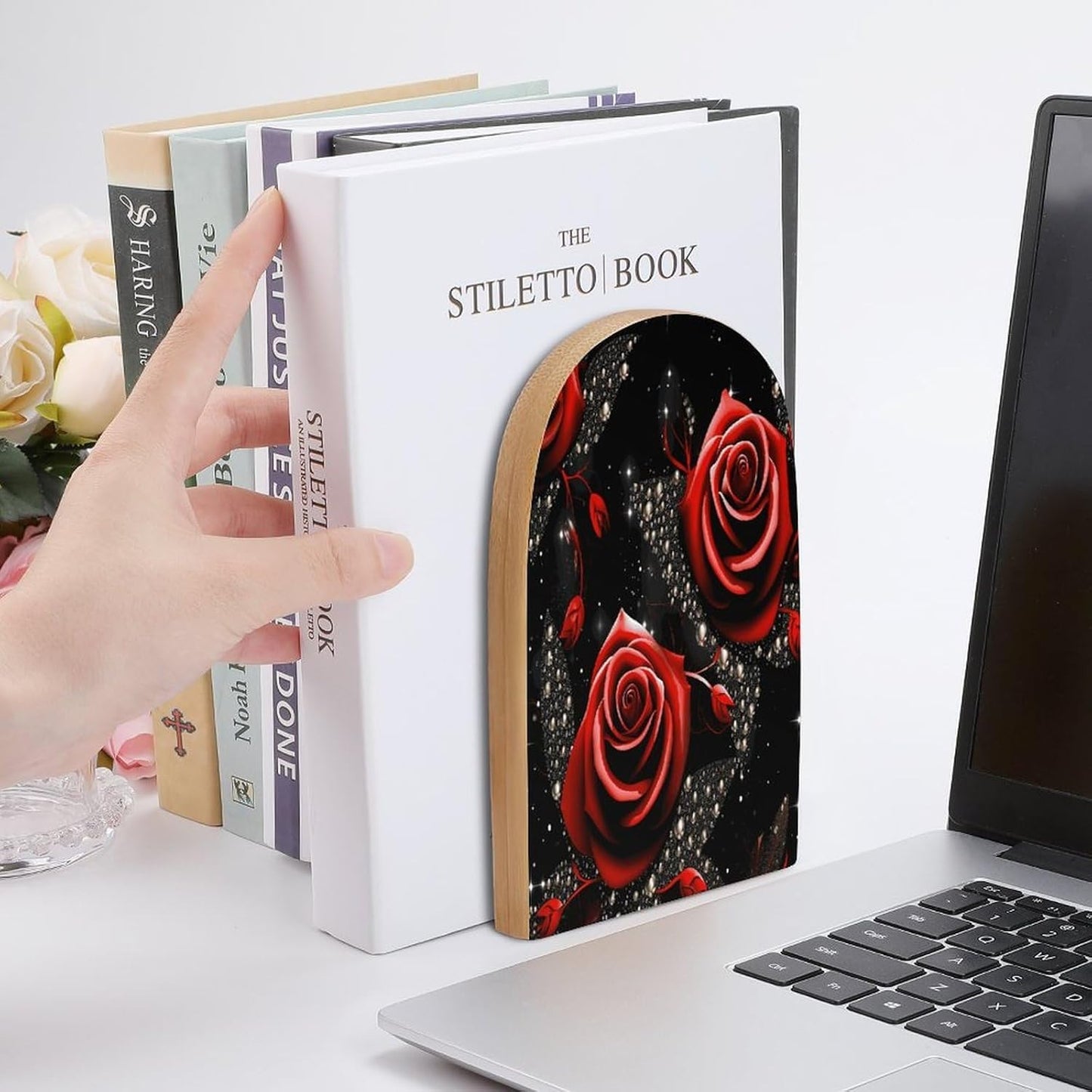 Red Roses and Stars Wooden Bookend Non-Slip Book Ends Heavy Duty Book Stopper with Metal Base Books Holderd Decorative Bookends Stands Firmly for Office Supplies