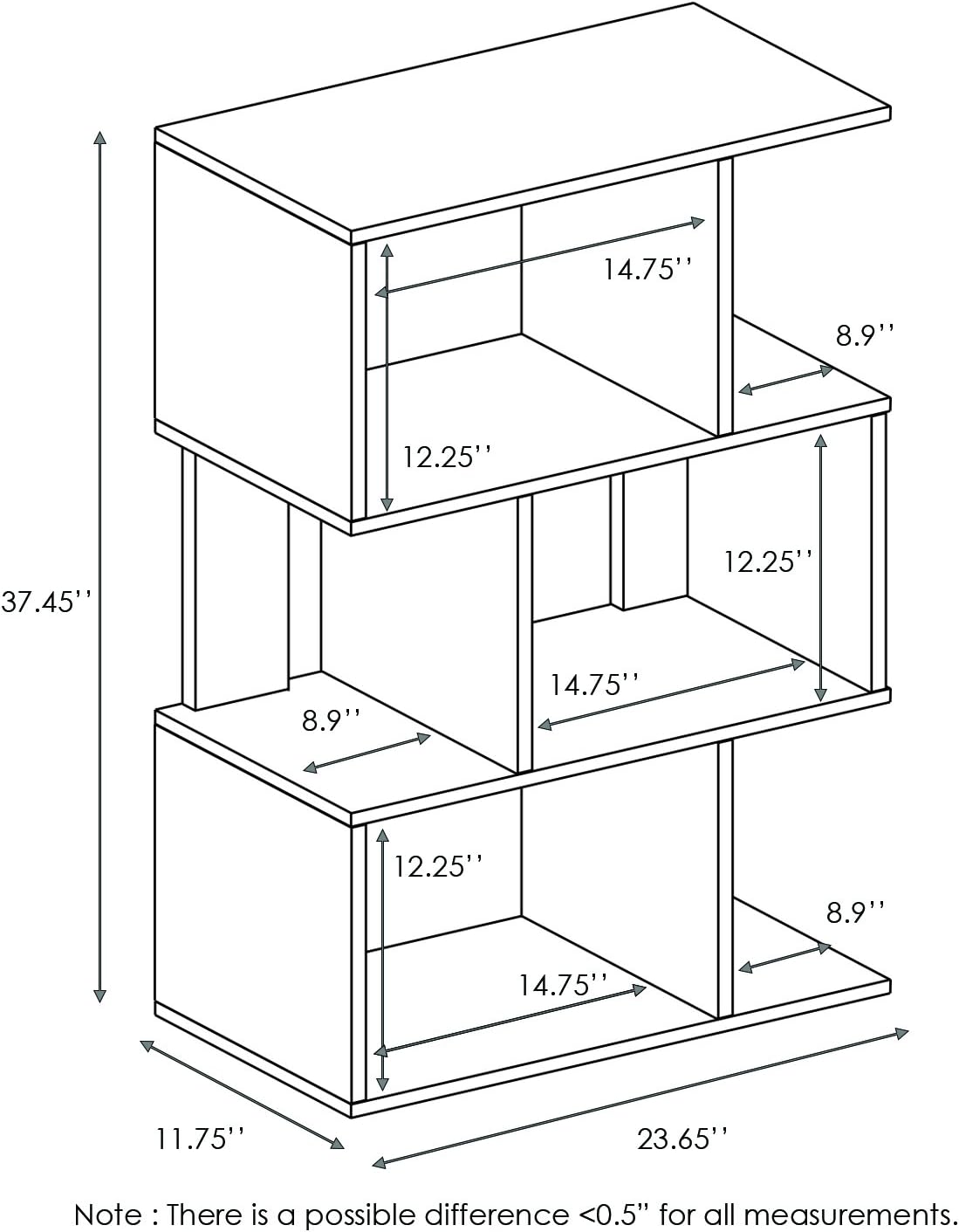 Furinno SIMPLY Book Shelf, 3-Tier Geometric Bookshelf, S-Shape Bookcase with Open Shelf, 11.8" x 23.6" x 37.3", for Organization and Storage, for Living Reoom, Bedroom, Home Office, Espresso
