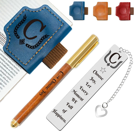 3Pcs Personalized Magnetic Leather Bookmark with Pen Holder Include Custom Metal Book Marks & Wooden Pen, Customized Book Markers Gift for Book Lover Readers Women & Men Book Accessories(Blue,C)