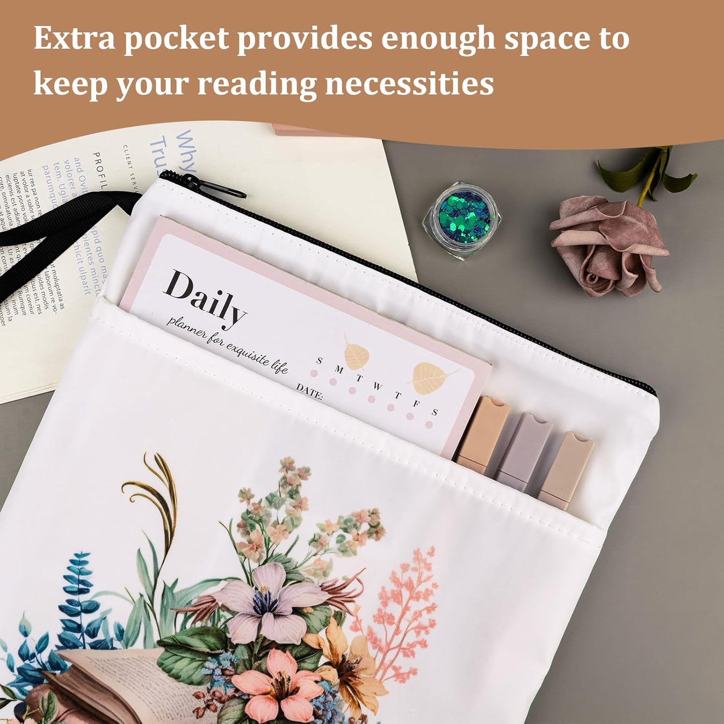 Fantasyon Book Sleeve Waterproof Book Protector Book Pouch with Zipper and Front Pocket, Floral Print Book Covers for Paperback Book Lovers Gifts Teacher Student, 11.65 x 9.45 inches