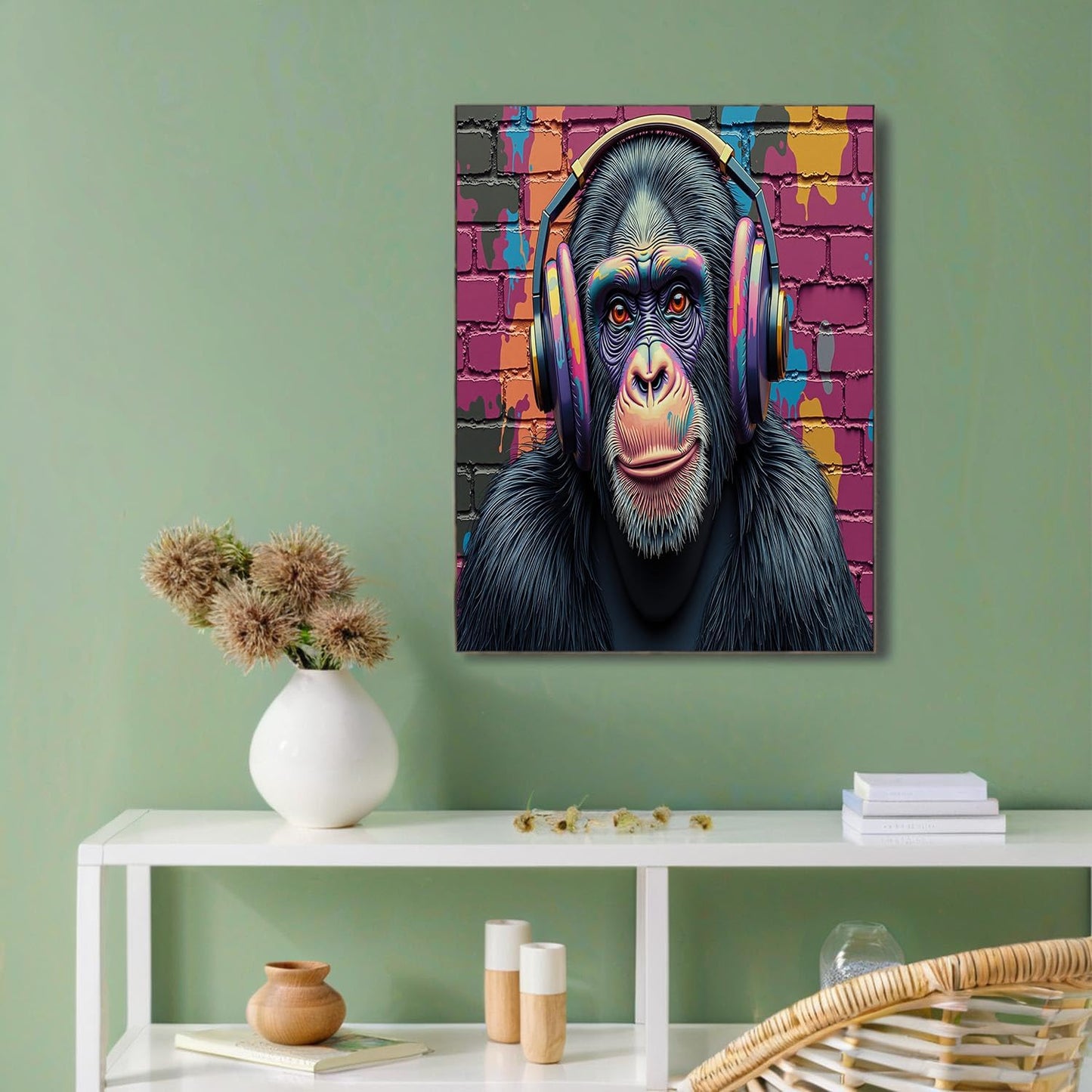 GDJSMIN Street Art Style Wall Art, Animal Monkey Wearing Headphones Poster for Reading Room Living Room Decor 24 x 36 inch Unframed