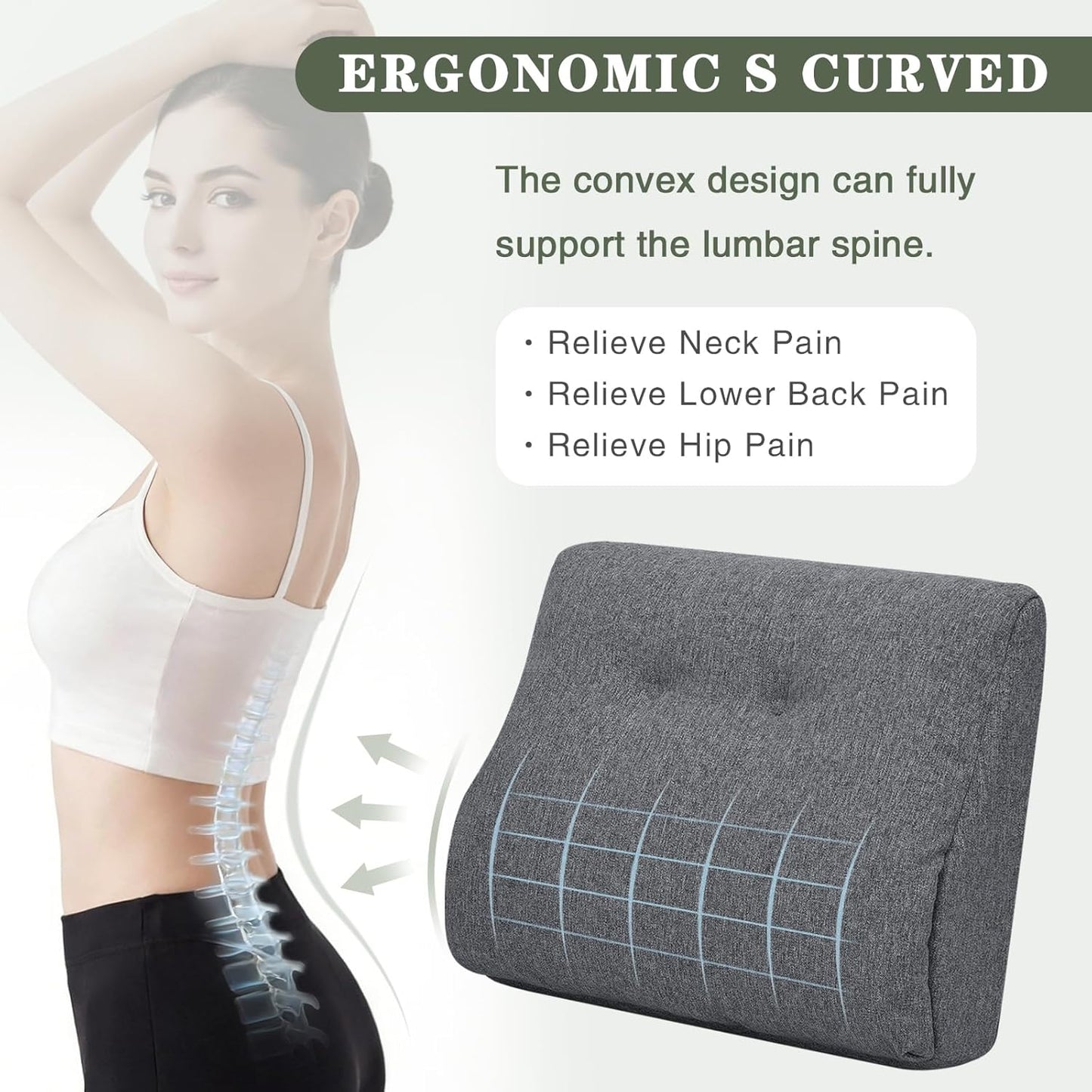 baibu Lumbar Support Pillow for Recliner, Large Memory Foam Dual-Layer Patent Design Back Support Cushion for Sofa & Gaming Chair, Ergonomic Lumbar Pillow with Machine Washable Cover, Dark Grey, 1P