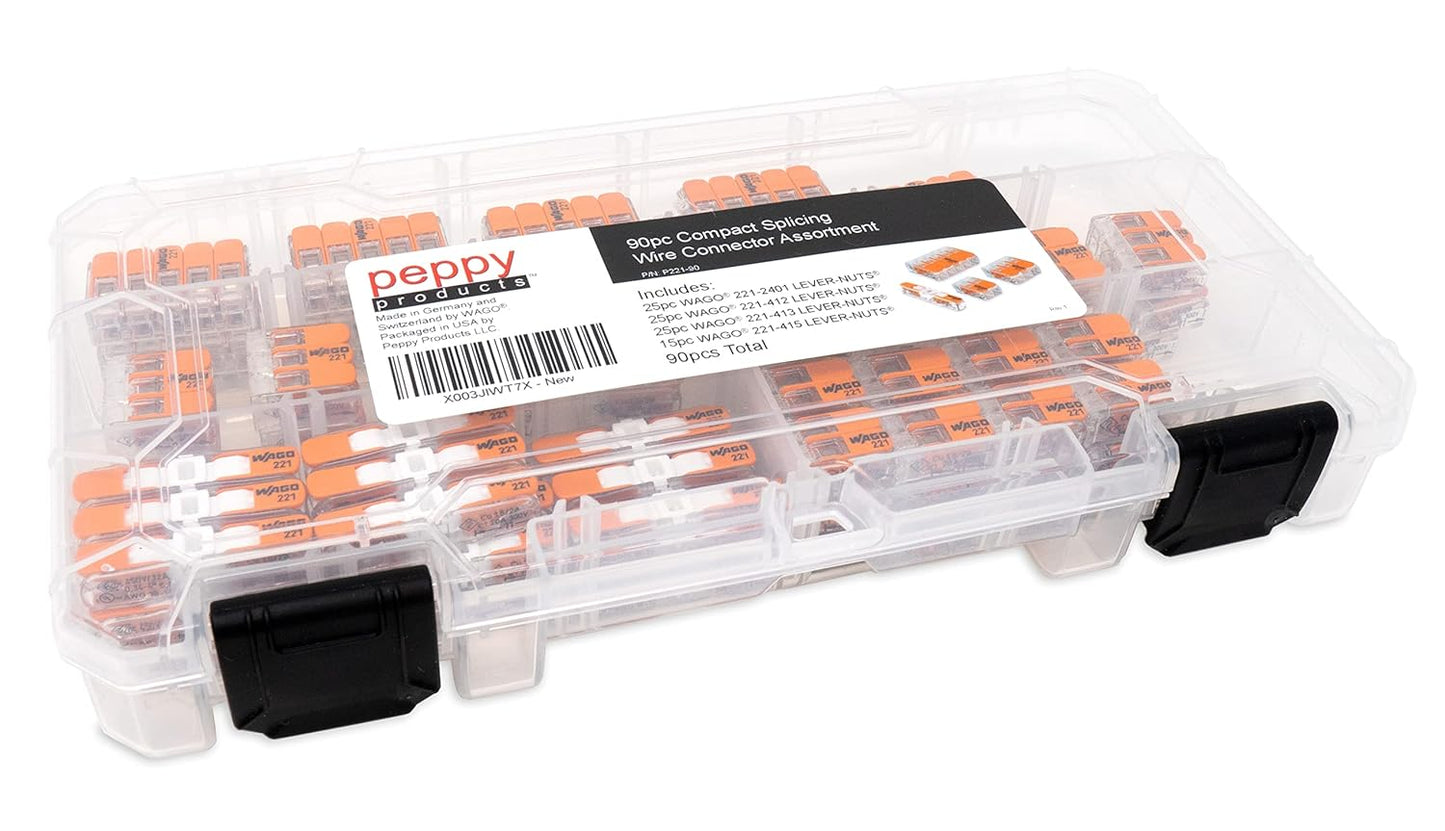 WAGO 221 Lever Nuts 90pc Compact Splicing Wire Connector Assortment with Case. Includes 221-2401, 221-412, 221-413, 221-415