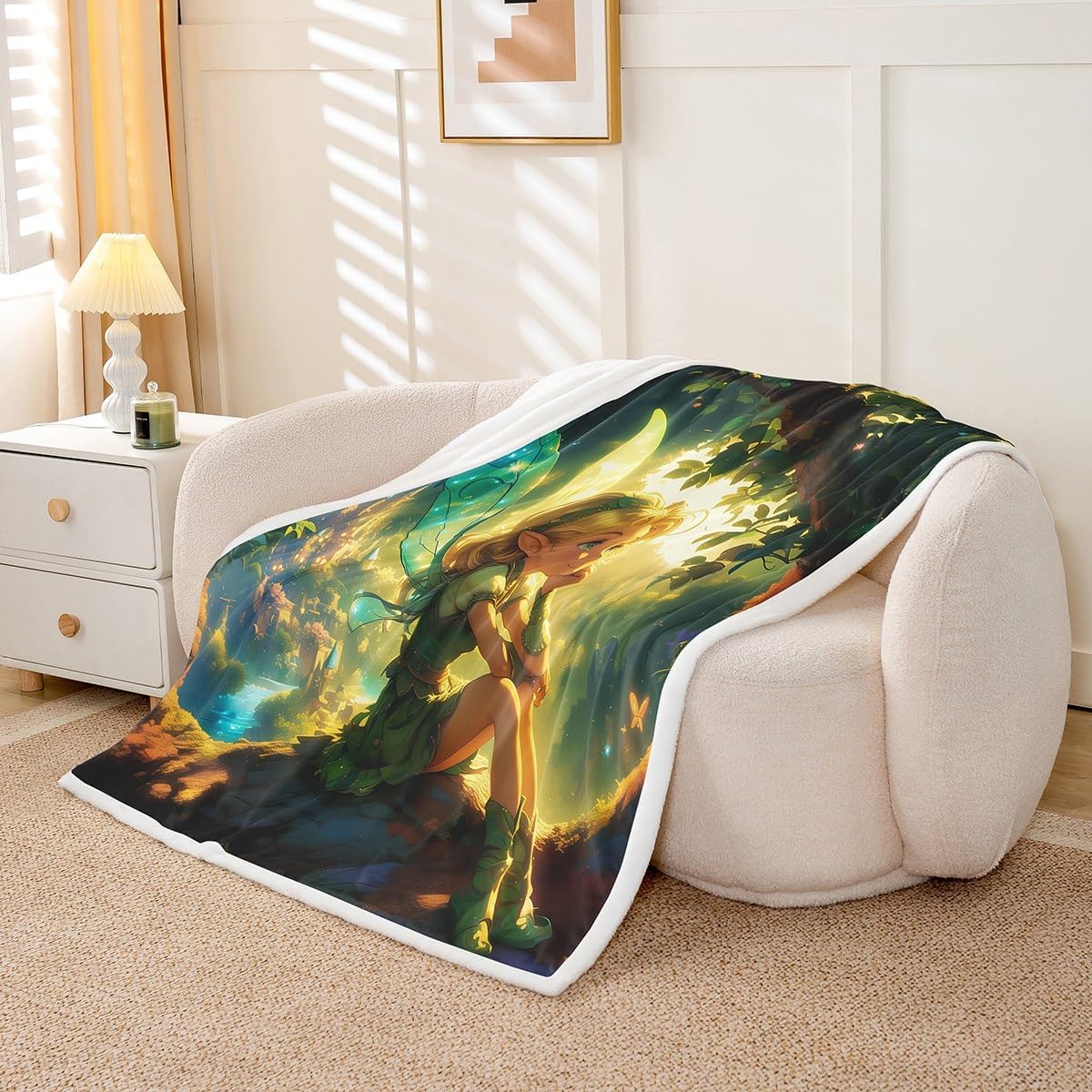 Butterfly Elf Kids Throw Blanket,Castle Jungle Botanical Trees Nature Fuzzy Blanket,Princess Dreamy Fairy Tale Fleece Throws for Bed Couch Sofa,Green Soft and Breathable,Throw Size (50 x 60 Inches)