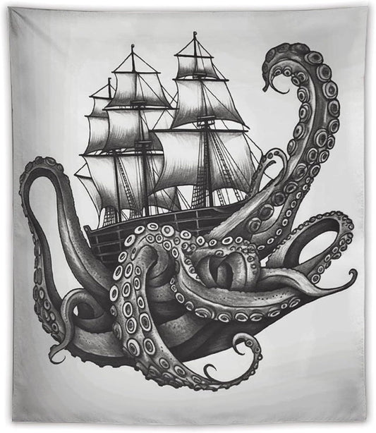 FodPand Black And White Octopus And Ship Tapestry Anti-fading Wall Tapestry with Installation Kit Backdrop Banner Multipurpose Aesthetic Tapestries Boho Wall Art Hanging Decorative Blanket 50"x60"
