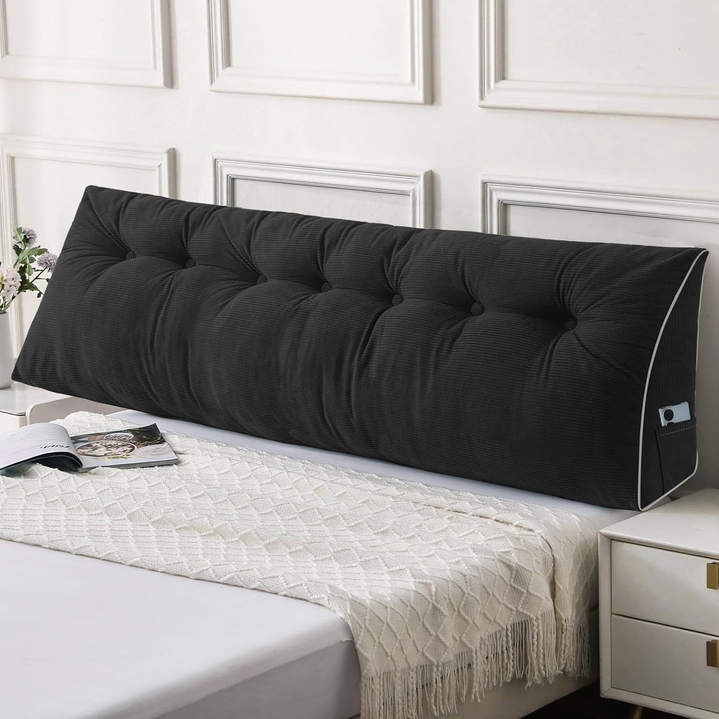 Sasttie Headboard Pillow King, Wedge Pillow Headboard for Sitting Up in Bed, Back-Rest Support Triangular Cushion for Reading - Features Removable Washable Cover, Black