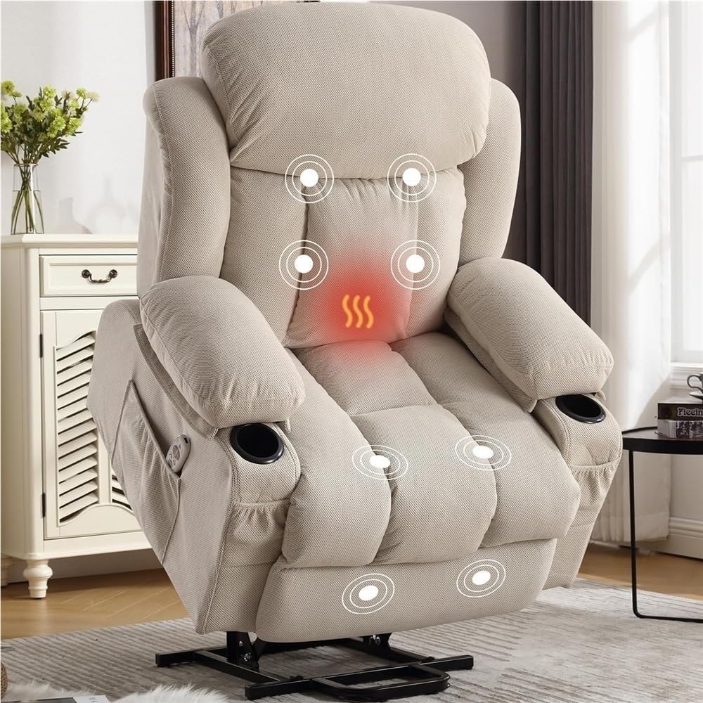 Electric Lift Recliner Chair for Elderly Sofa with Massage and Heat Comfortable Home Theater Seating Ergonomic Single Lounge Chairs for Living Room with Cup Holders and Side Pocket