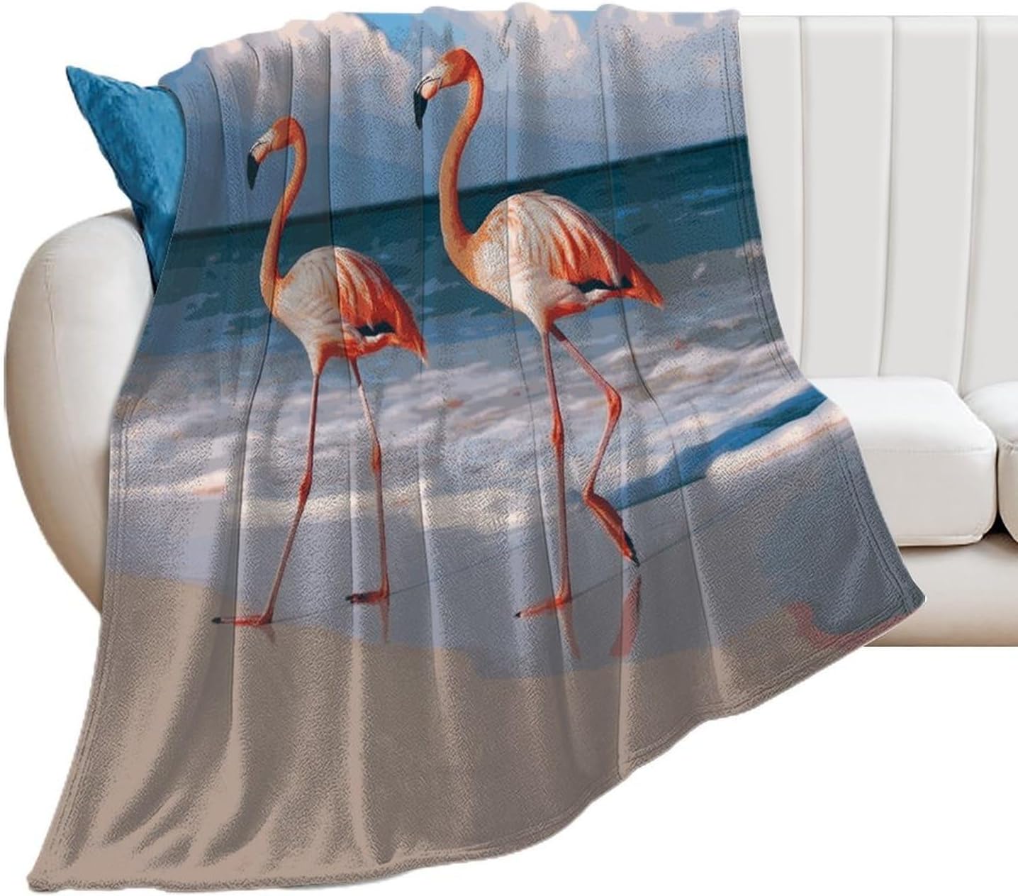 Pink Flamingo Walking on The Beach Blanket Super Soft Lightweight Throw Blanket Cute Cozy Warm Bed Blanket Decorative Fuzzy Blanket All-Season Home Decor Gift for Sofa Couch Living Room 60"*80"（150*20