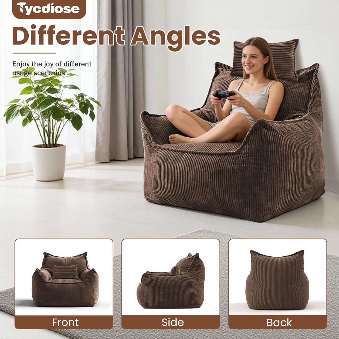 Oversized Bean Bag Chairs with Memory Crushed Sponge Filler for Adults Teens, Comfy Corduroy Large Bean Bag Couch Armchair for Reading Bedroom Living Room, Giant Reading BeanBag Chair, Brown