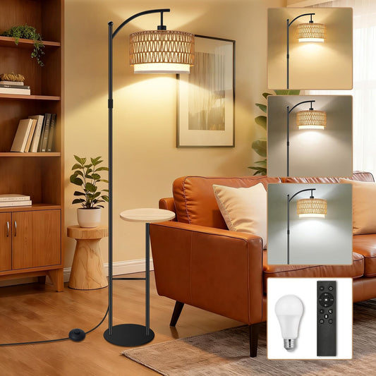 Arc Floor Lamp with Table, Boho Rattan Floor Lamps for Living Room with Remote Dimmable 3 Color Temperature, Wicker Standing Lamp Double Lampshades,Rustic Tall Lamps for Bedroom Office Corner