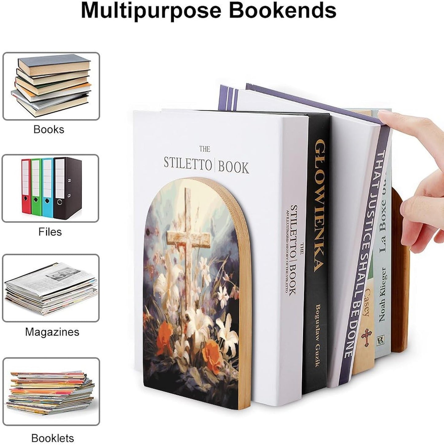 Non-Slip Bookend for Shelves Easter Cross Art Wooden Bookends with Metal Base Decorative Book Stopper for Home Heavy Duty Wood Book Storage for Books/CDs