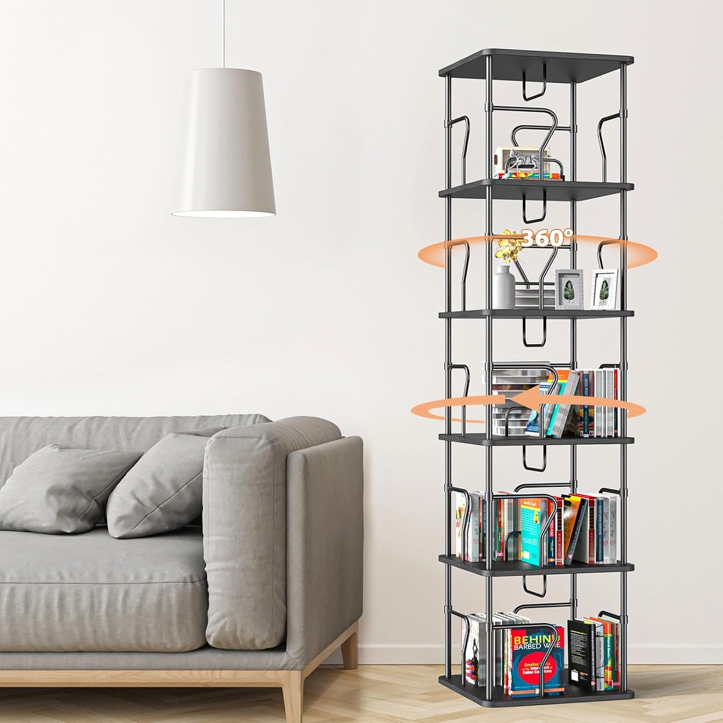 5 Tier Square Rotating Bookshelf Tower, Spinning Bookshelf, 360° Display Round Bookcase, Floor Standing Corner Revolving Bookshelf Organizer Storage Rack for Home Study Office, Small Spaces