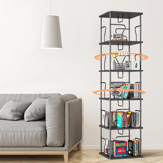5 Tier Square Rotating Bookshelf Tower, Spinning Bookshelf, 360° Display Round Bookcase, Floor Standing Corner Revolving Bookshelf Organizer Storage Rack for Home Study Office, Small Spaces