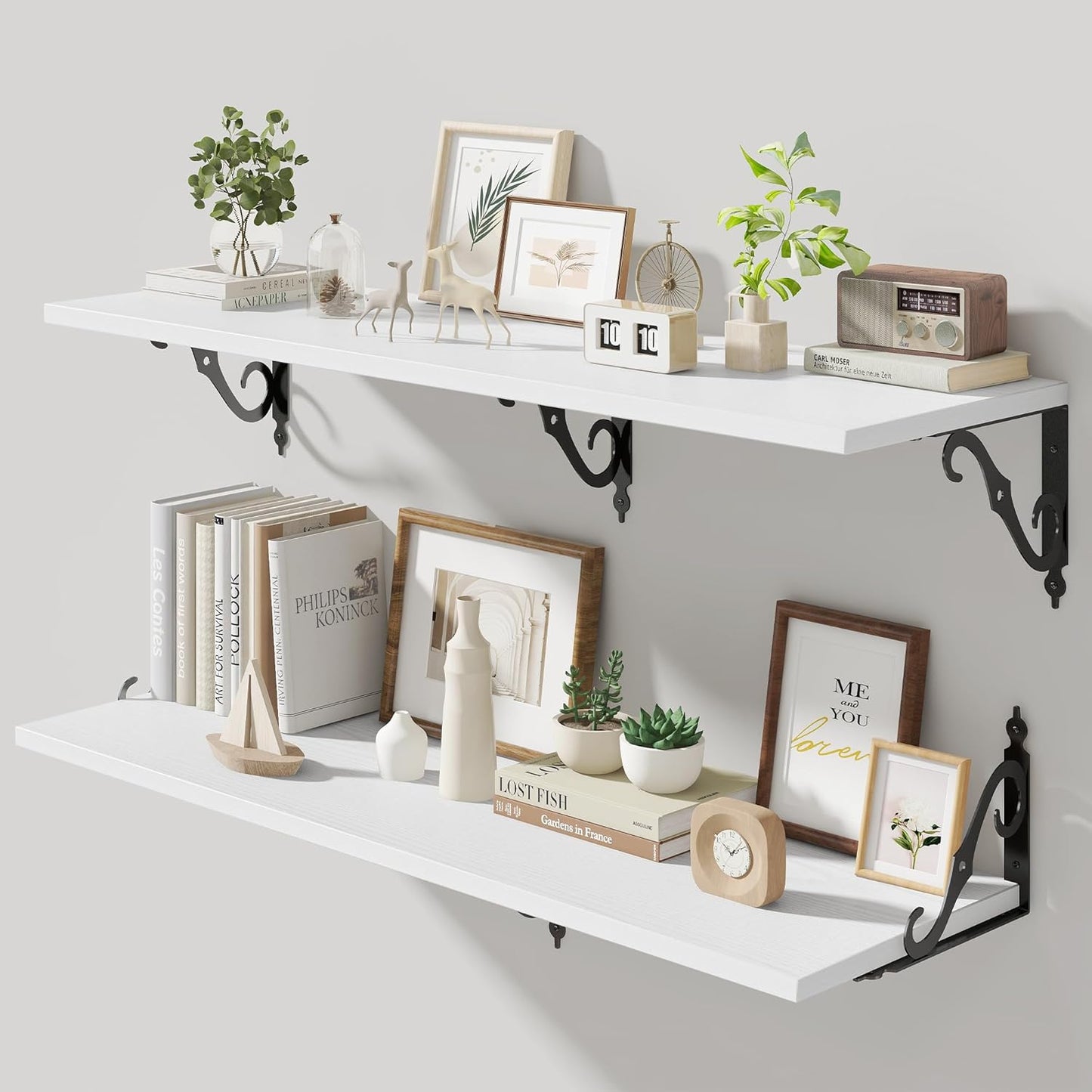 Fun Memories 40 Inch Floating Shelves Wall Mounted, 12 Inch Deep Wall Shelves with Bracket, Rustic Hanging Bookshelf, 40" Bookshelves for for Living Room, Kitchen and Bedroom, White, Set of 2