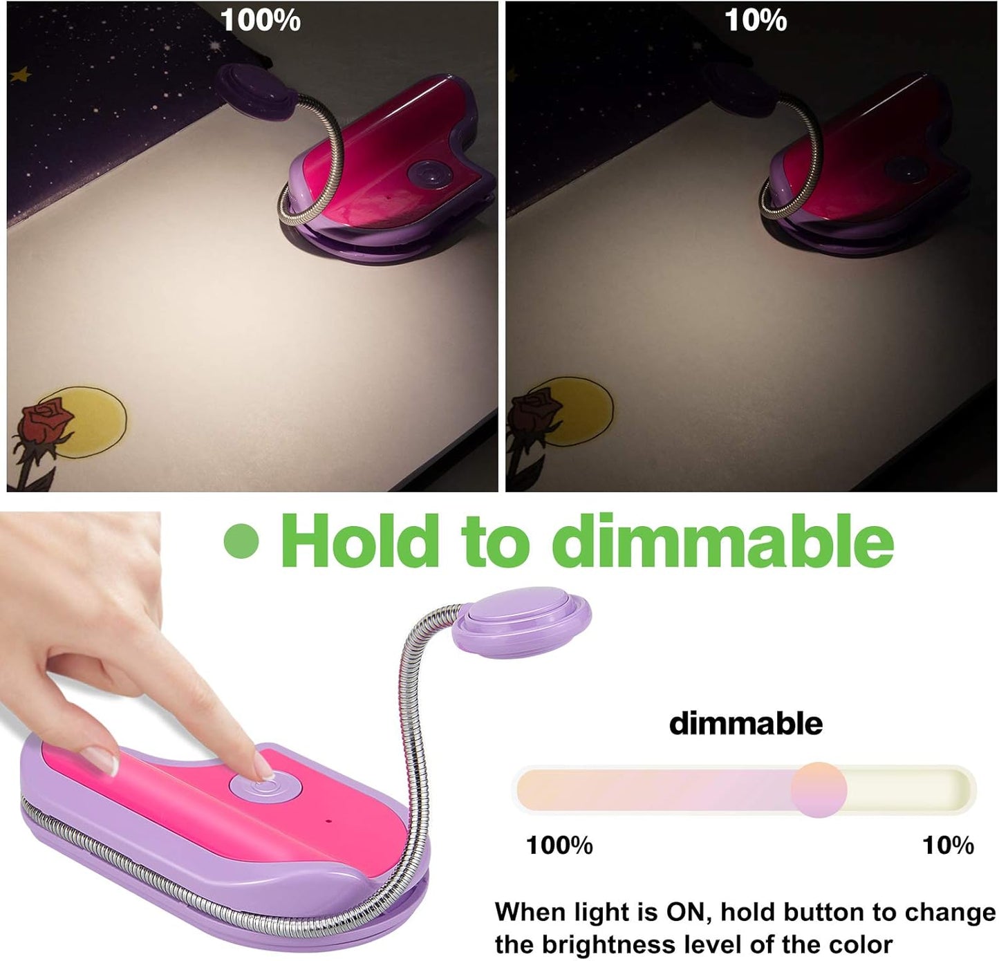 BIGMONAT Book Reading Light for Kids - Rechargeable, Portable LED Reading Lamp with Rotary Neck, Clip-on Light in Bed (Purple)