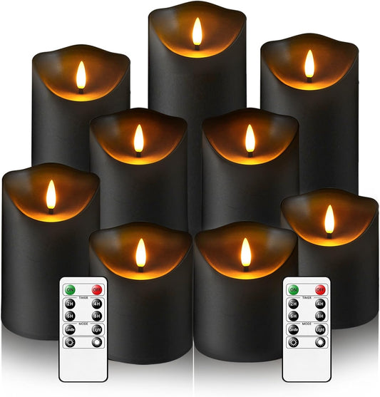 Flameless Candles with Remote Timer, Battery Operated Realistic Flickering LED Candles, 9 Packs Fake Candles for Home Decor (D3 x H 3" 4" 5" 6" 7") (Black)