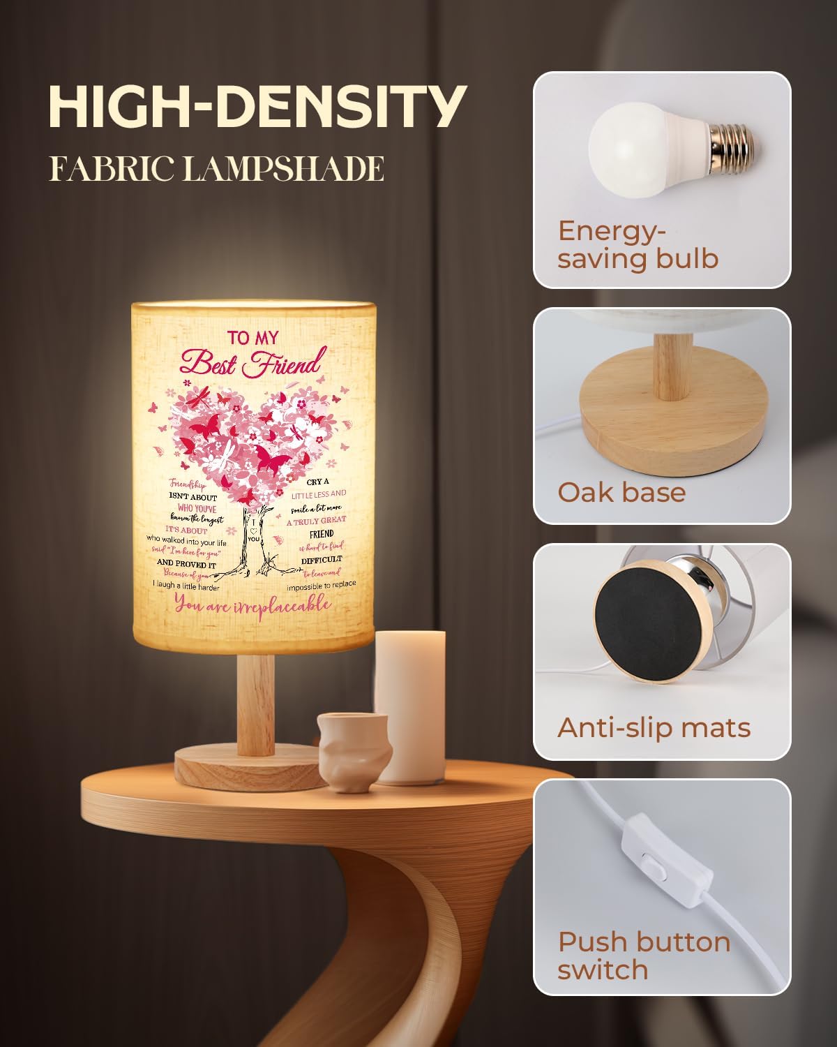 Best Friend Birthday Gifts for Women, Friendship Gifts for Women Fabric Lamp, Bestie Gift Table Lamp with Wooden Stand Unique Gift