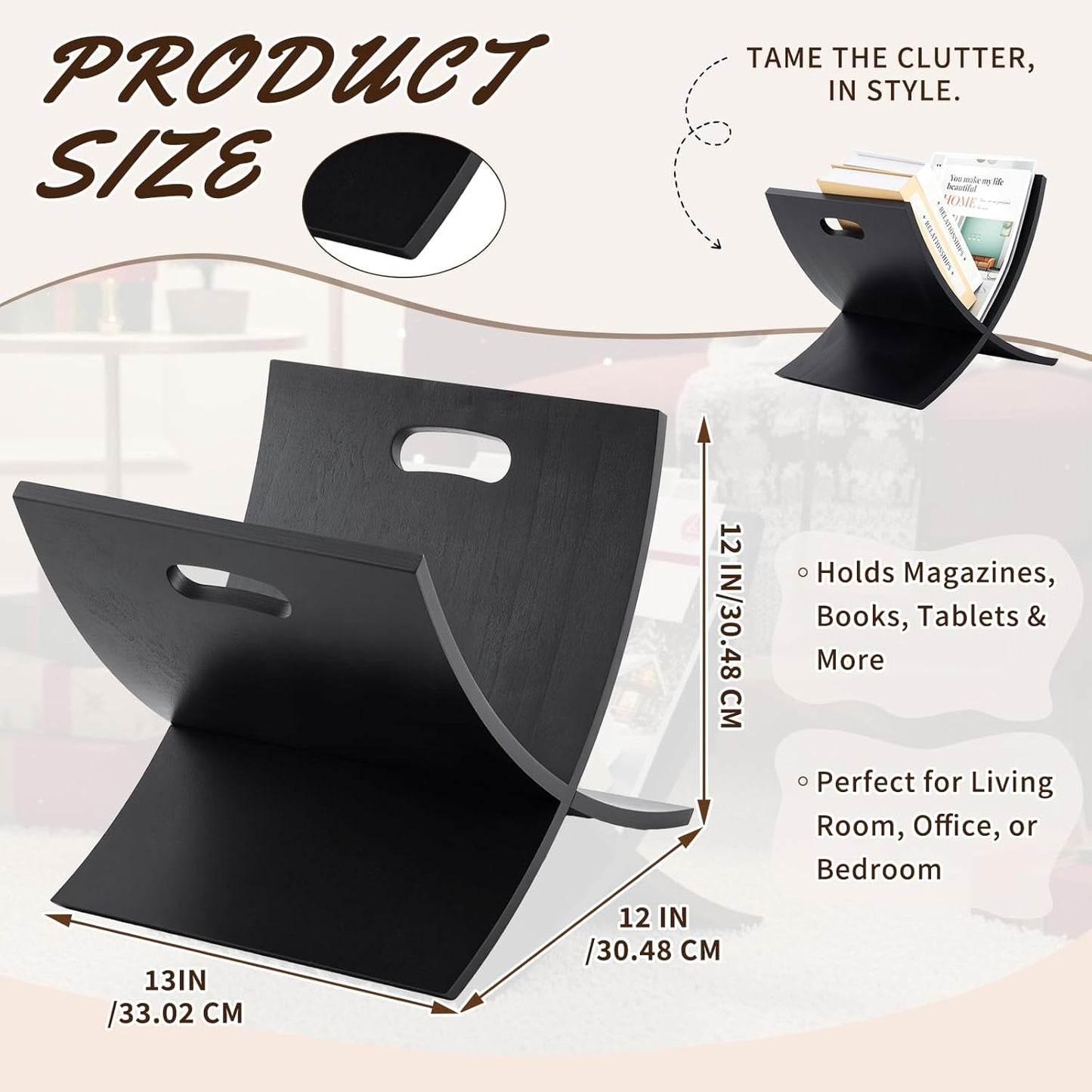 Black Freestanding Wooden Magazine Rack Vertical Floor Magazine Display Bathroom Newspaper Holder Stand for Home, Bathroom, Office, Bedroom, Living Room