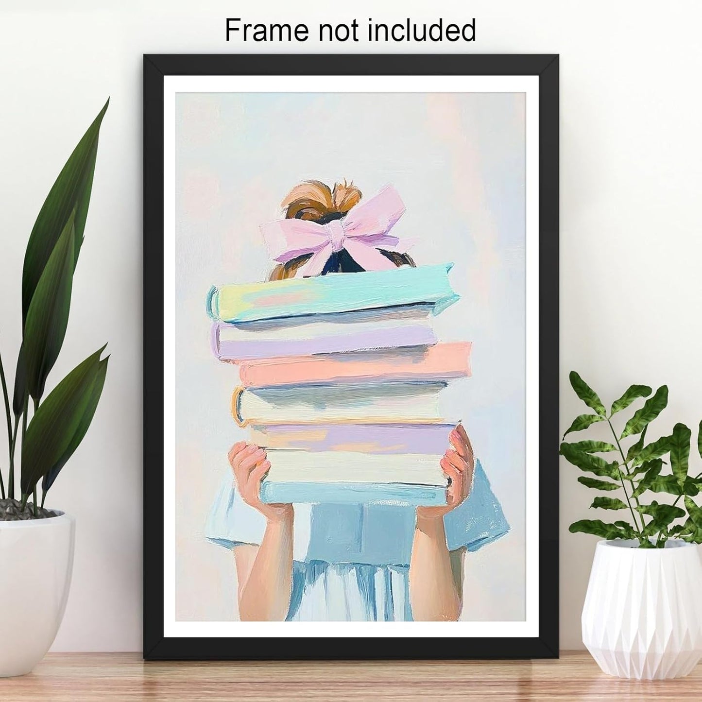 Little Blonde Girl With Stack of Books Canvas Wall Art Poster - Pink Bow Girl Reader Library Wall Decoration Aesthetic Poster for Nursery Girl's Room Decor 12x16in Unframed