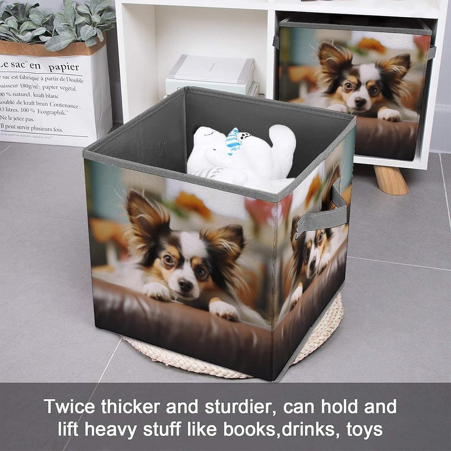 Papillon Lying on Tummy Storage Bins with Handles Fashion Large Storage Cubes Sturdy Foldable Storage Boxes Space-Saving Storage Baskets for Home Office Clothes Closet Organizers